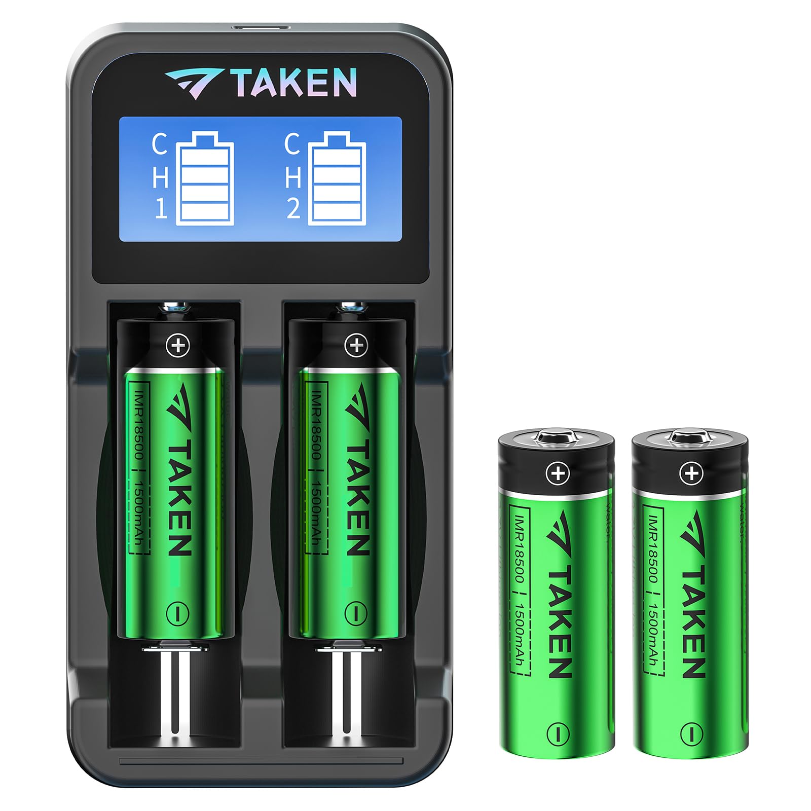 IMR 18500 3.7V 1500mAh Rechargeable Li-ion Battery with Button Top & 2-Port Charger - 4 Pack for Flashlights, Vape Mods & Electronic Devices - High Performance 18500 Batteries with Fast Charging
