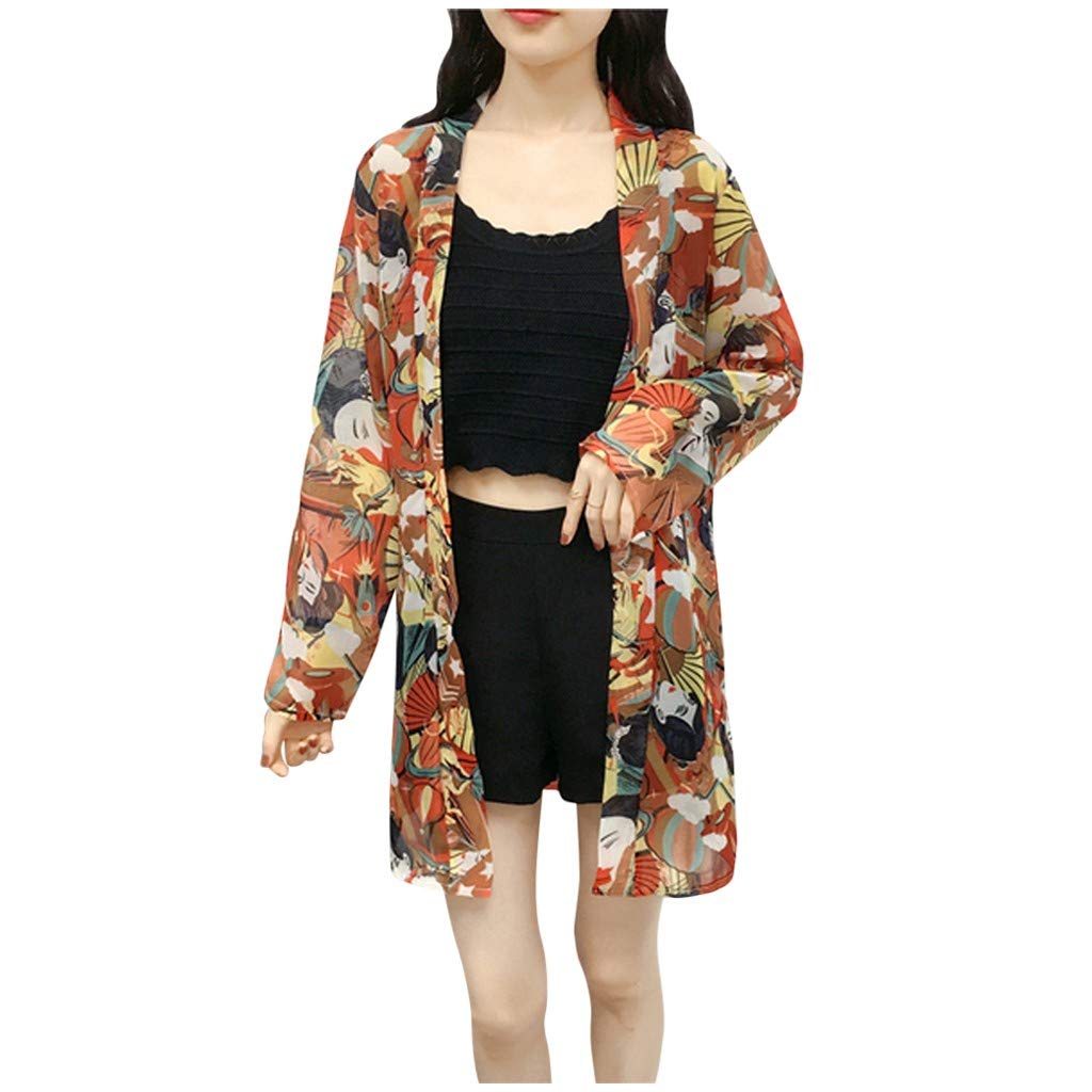 Women's Summer Chiffon Beach Cover-Up Cardigan - Lightweight Sun Protection Blouse with Floral Print - Perfect for Beach, Pool, and Vacation Wear (Orange, One Size)