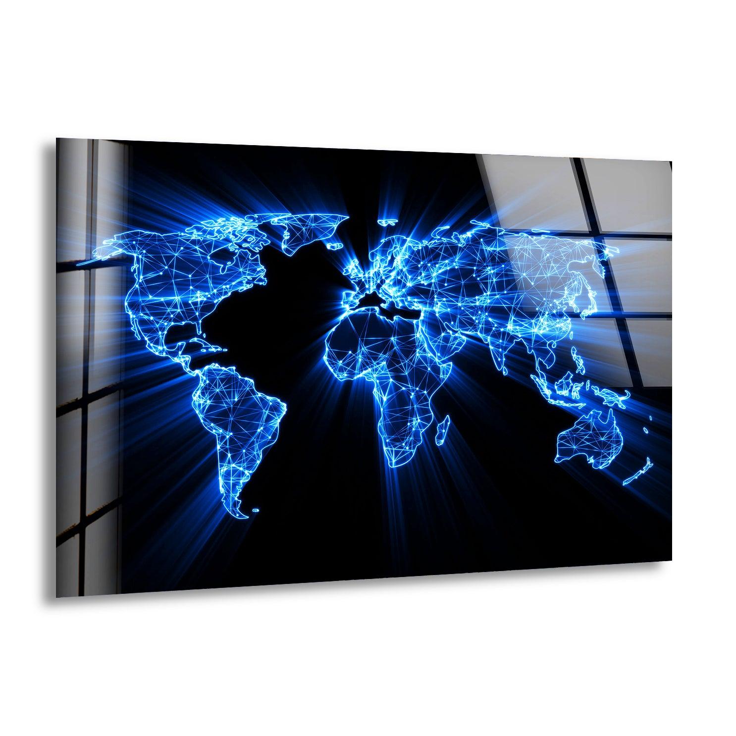 Blue Neon World Map Glass Wall Art - Modern Home Decor for Living Room, Bedroom & Office - Unique Gift Idea for Travel Lovers & Geography Enthusiasts