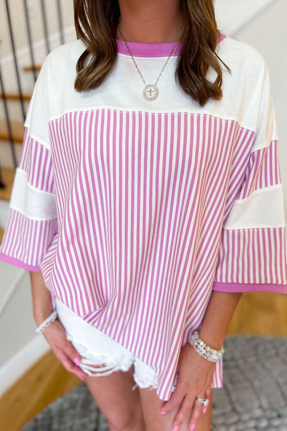 Stylish Plus Size Pink Striped T-Shirt for Women - Trendy Casual Wear for Everyday Outfits & Summer Fashion
