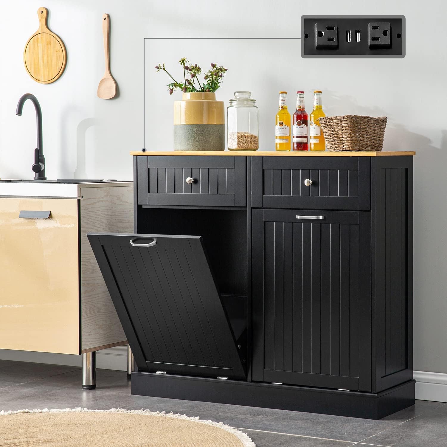 GAZHOME 20 Gallon Double Tilt-Out Trash Cabinet with Built-In Charging Station & Hideaway Drawer - Upgrade Wooden Recycling Storage with Power Outlet for Kitchen, Bathroom, or Office (Black)