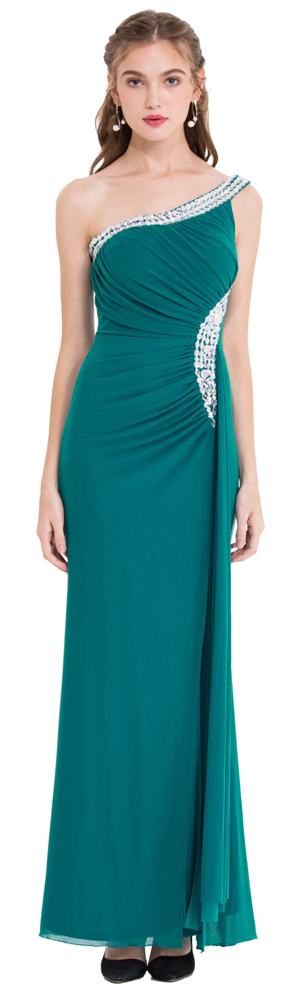 Angel-Fashions Women's One Shoulder Ruching Beaded Ribbon Soft Evening Gown - Elegant Formal Dress for Prom, Gala, Wedding & Special Occasions
