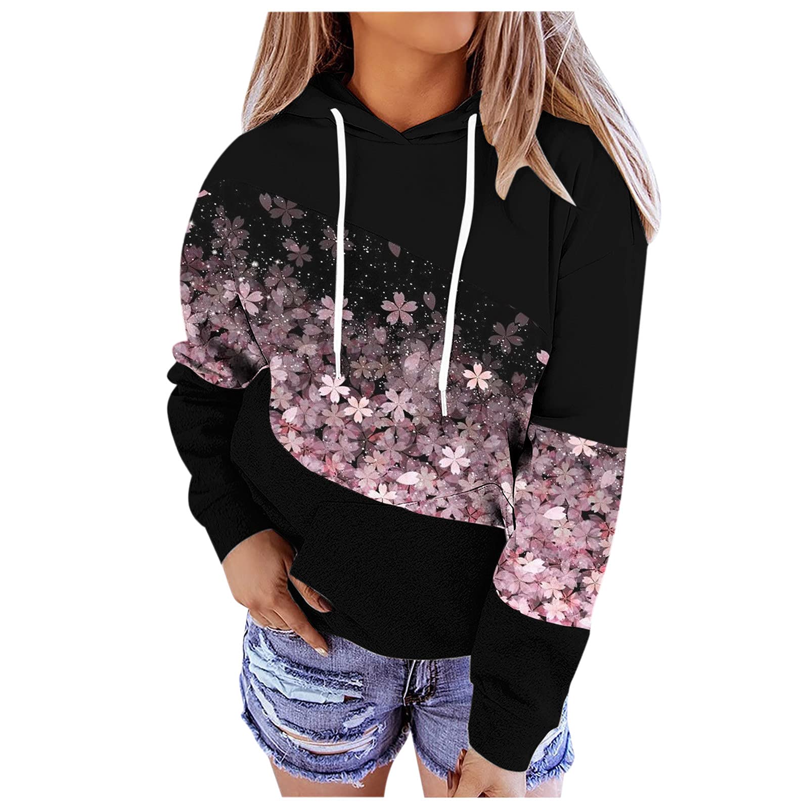 Women's Zip-Up Hoodie with Printed Shoulders & Drawstring - Casual Pullover Sweatshirt for Everyday Wear, Gym & Outdoor Activities