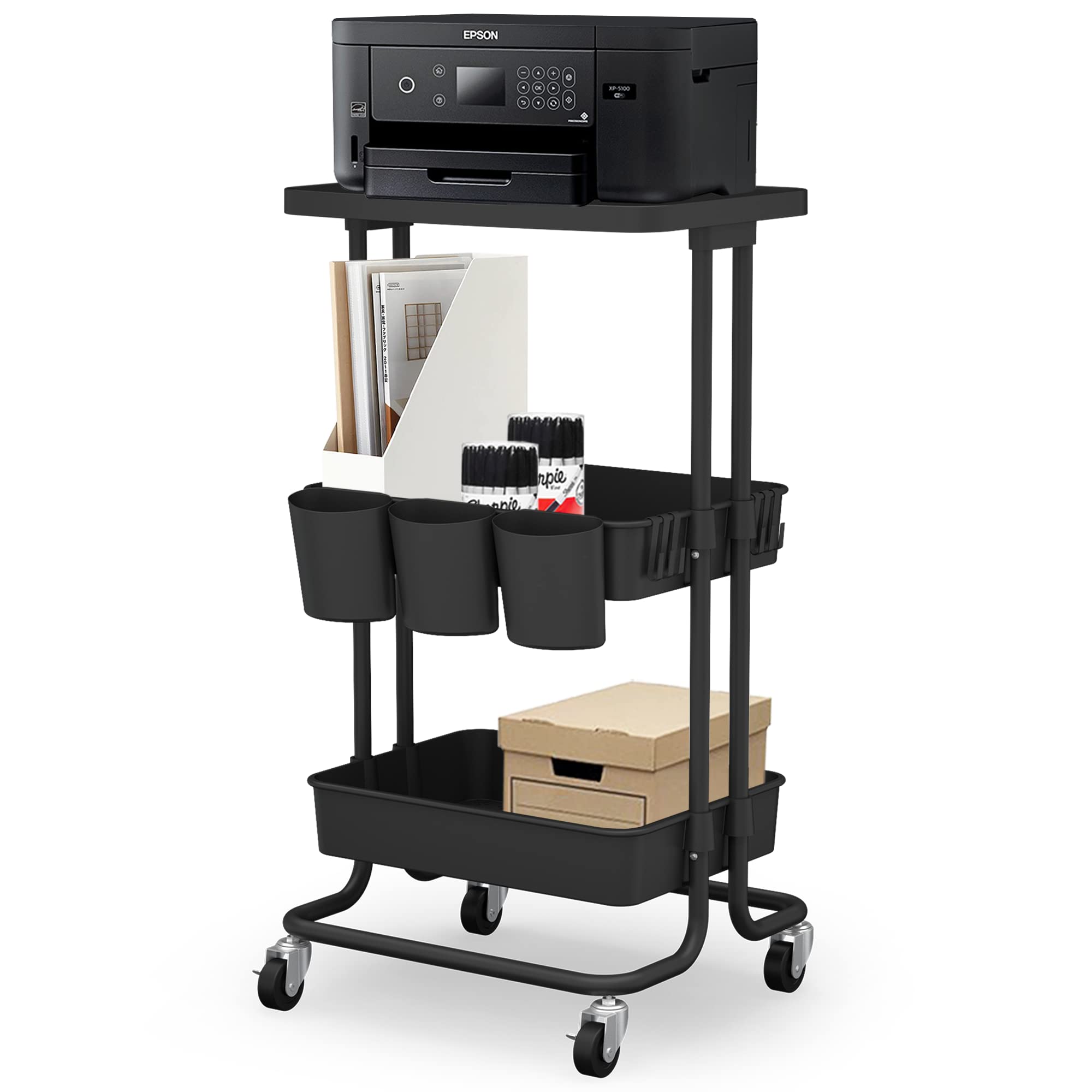 CAXXA 3-Tier Rolling Storage Cart with Tabletop & Baskets - Mobile Utility Organizer for Office, Kitchen, Bathroom | Printer Stand, Kitchen Island, Bathroom Cart (Black) - Perfect for Small Spaces & Home Organization