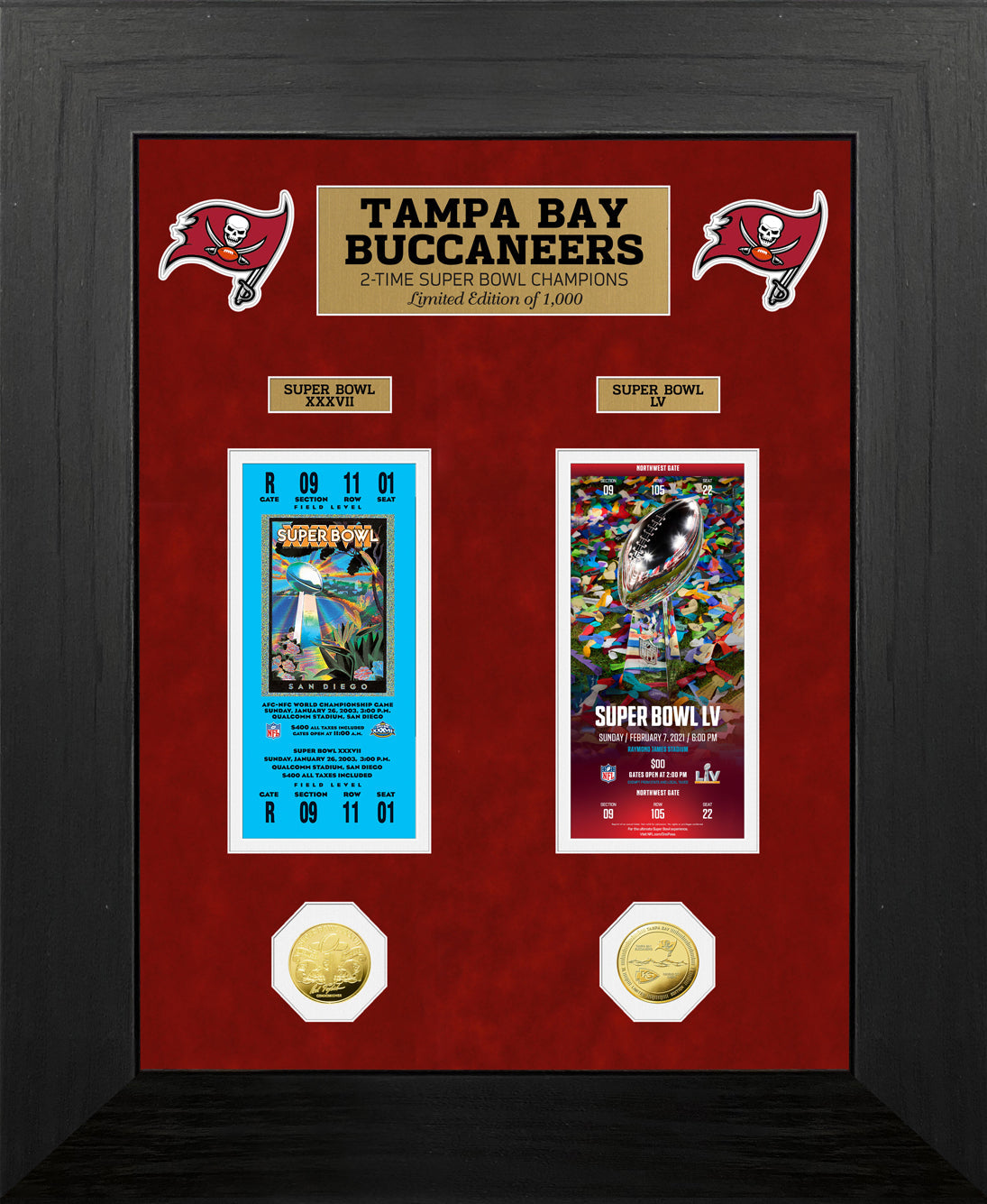 Tampa Bay Buccaneers 2-Time Super Bowl Champions Commemorative Gold Coin & Ticket Collection Set - Perfect for NFL Fans, Sports Memorabilia Collectors, and Home Office Display