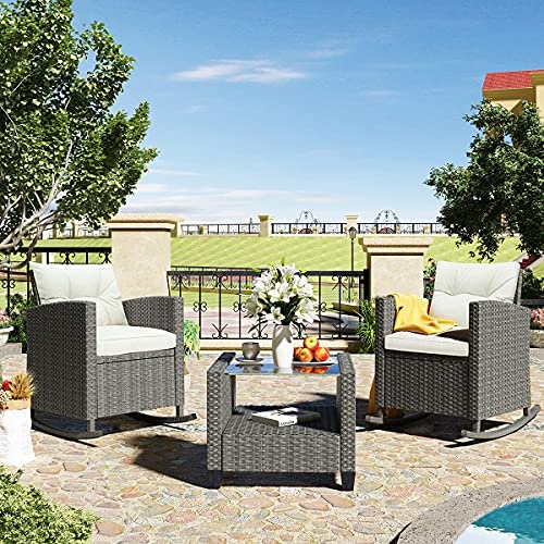 3-Piece All-Weather Wicker Rocking Patio Furniture Set with Cushions & Tempered Glass Table - Outdoor Garden Backyard Rocking Chair Set (Beige) - Perfect for Relaxing, Entertaining & Enjoying Sunny Days