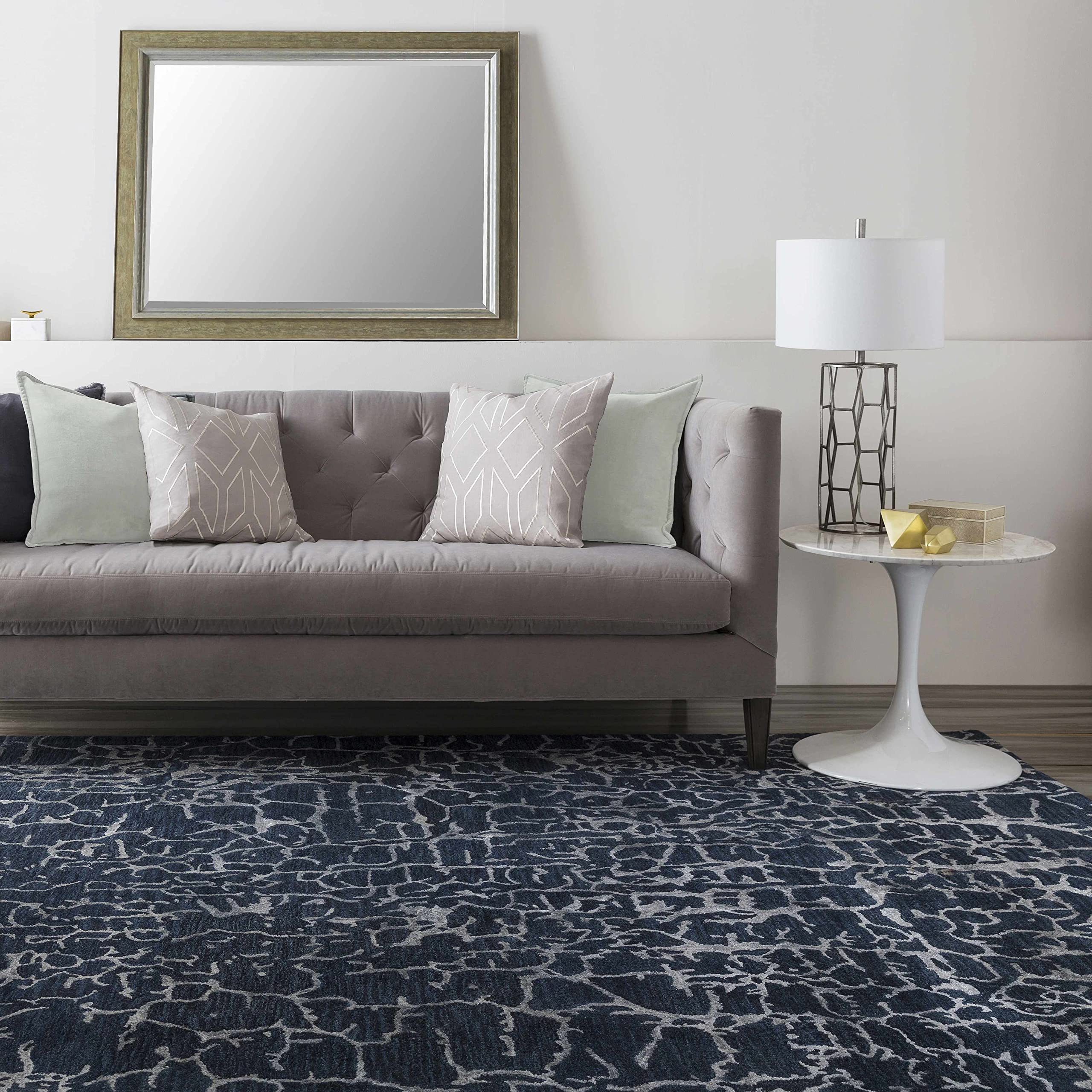 Modern Abstract Contemporary Wool Area Rug 10' x 14' - Blue & Gray Handwoven Carpet for Living Room & Bedroom - Soft Home Decor for Cozy Spaces & Stylish Interiors