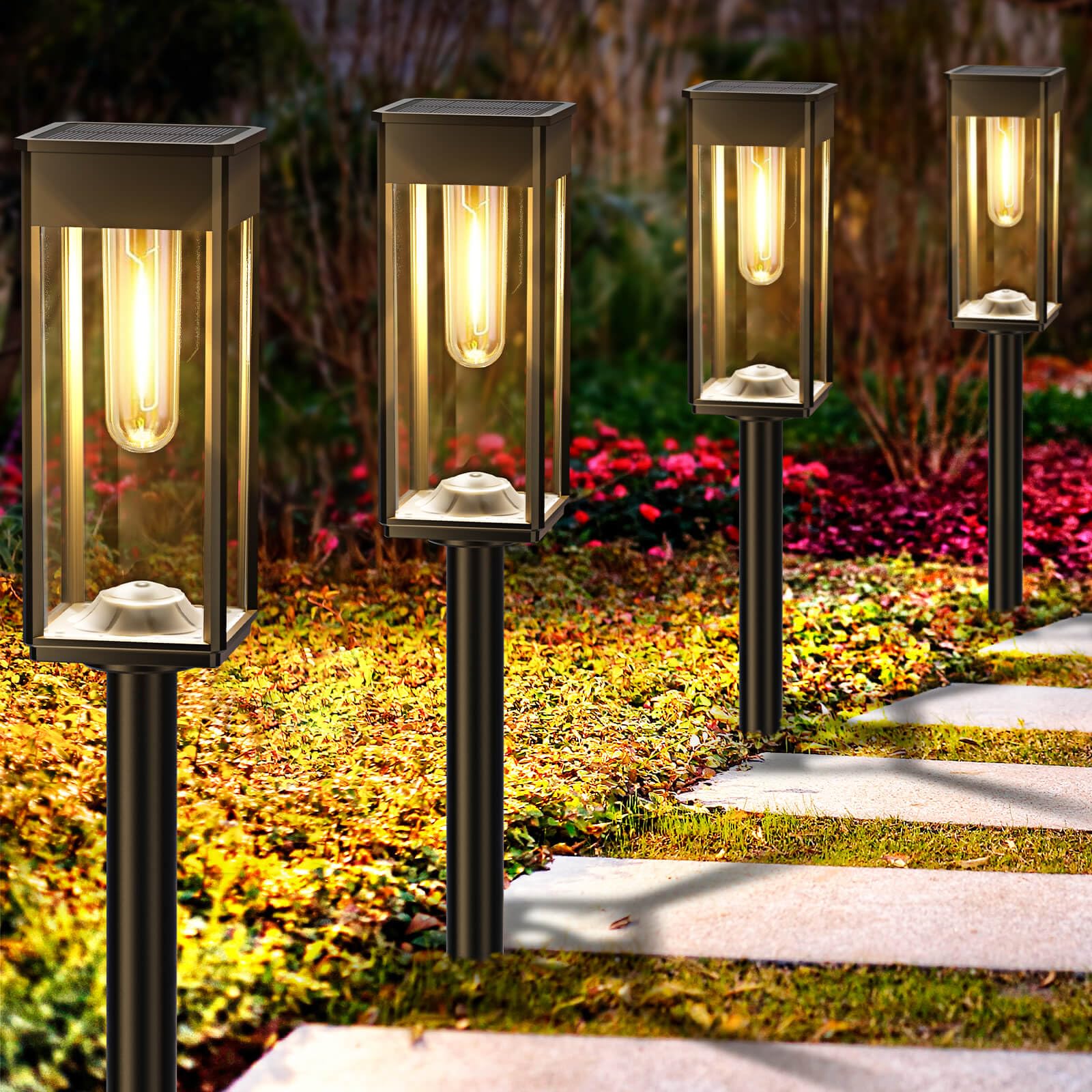 Bright Solar Pathway Lights Outdoor - 4 Pack Waterproof IP65 Solar Garden Lights with Auto On/Off - Perfect for Yard, Patio, Lawn, Walkway & Driveway Decoration - Ideal for Landscape Lighting & Nighttime Safety