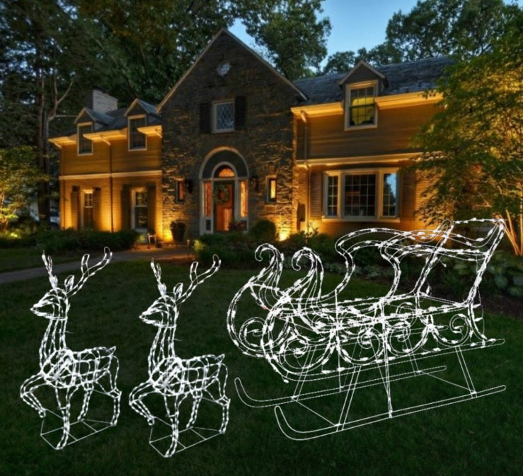 3-Piece Pure White Twinkling LED Elegant Buck and Sleigh Wire Sculptures - Christmas Home Decor, Holiday Table Centerpiece, Winter Wonderland Display