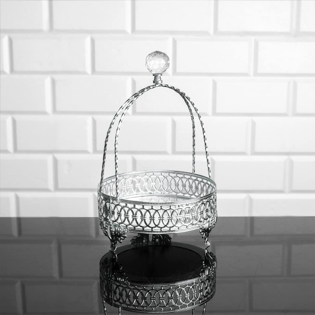 Handmade Metal Perfume Organizer Tray with Handles - Decorative Vanity Jewelry Storage Box, Round Mirror Gold Tray for Dresser & Bathroom Countertop (Small, Silver) | Perfect for Organizing Fragrances, Cosmetics & Jewelry on Vanity Table