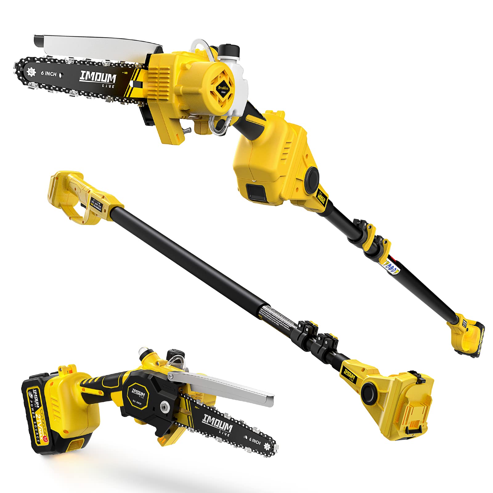 2-in-1 Cordless Pole Saw & Mini Chainsaw - IMOUMLIVE Brushless Chainsaw with 6.9 LB Lightweight Design, 21V 3.0Ah Li-ion Battery, 6