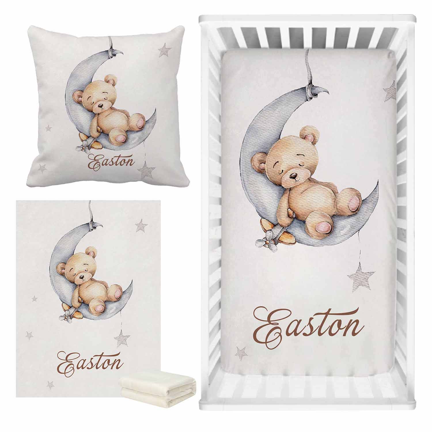 Sleepy Bear on Moon Baby Name Cot Bedding Set | Soft Nursery Bedding for Newborns | Perfect Baby Shower Gift | Cozy Crib Set for Nursery Decor & Sweet Dreams