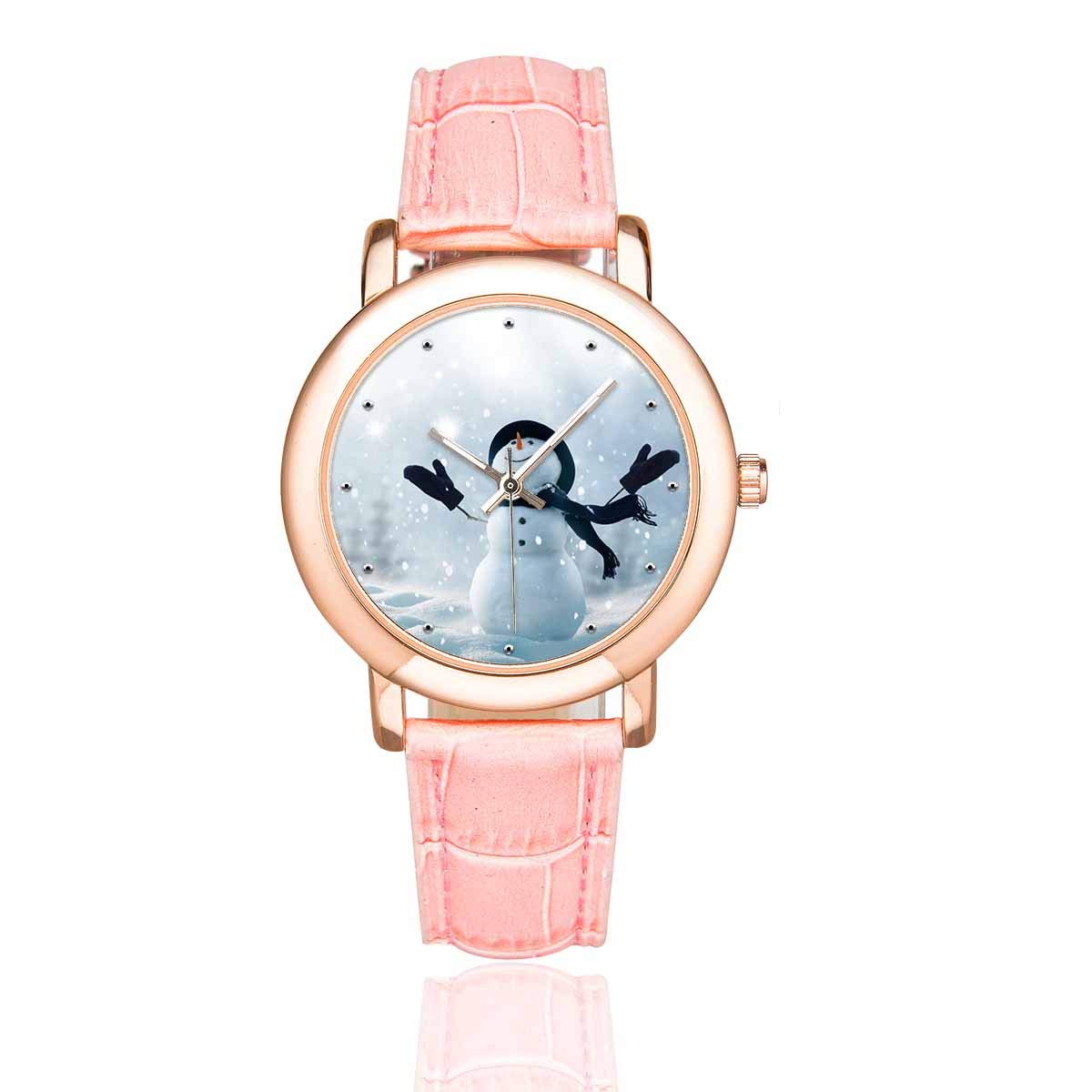 **InterestPrint Snowman Christmas Landscape Women's Waterproof Pink Leather Strap Watch – Perfect Holiday Gift for Women, Christmas Party & Winter Fashion**