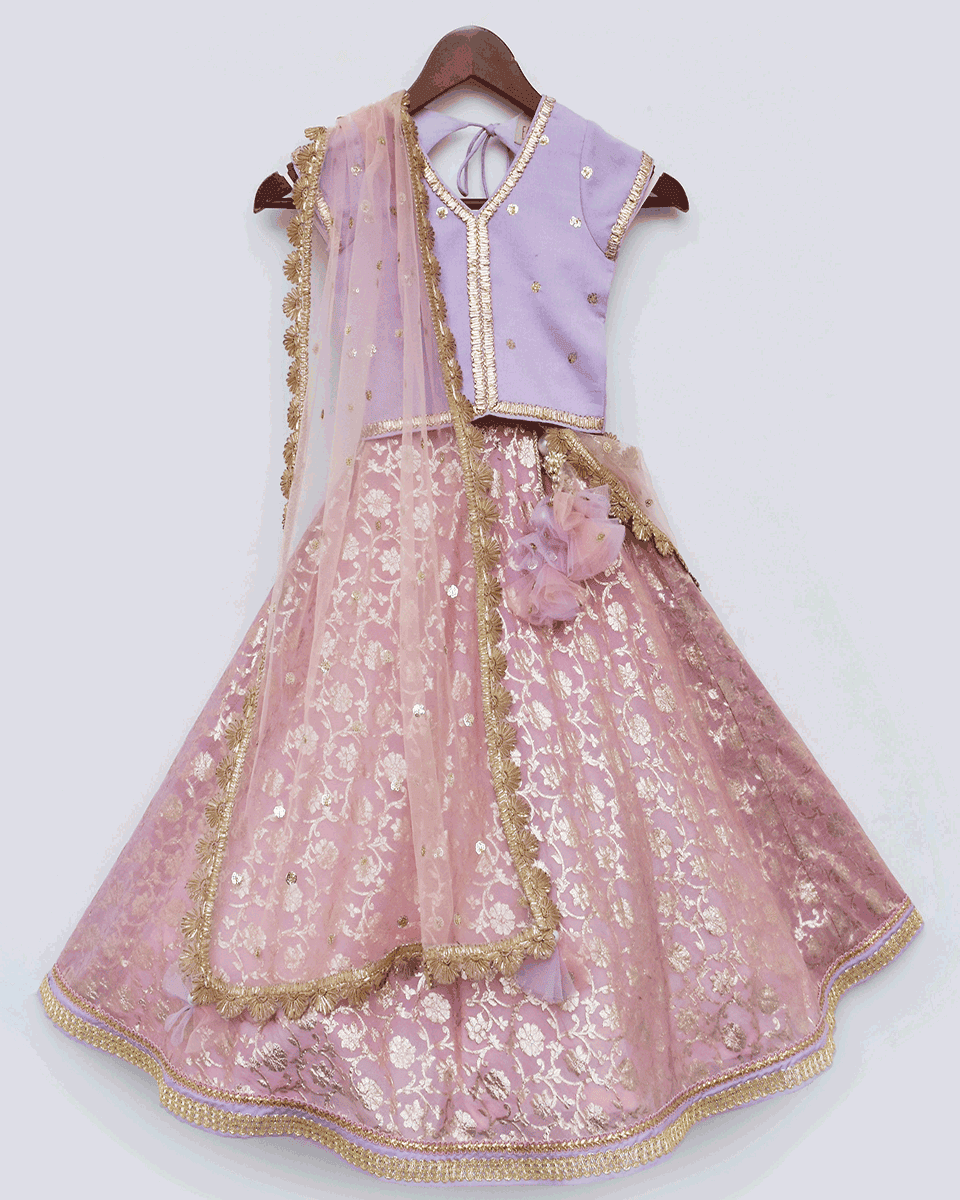 Pre Order: Lilac Choli with Pink Chanderi Brocade Lehenga Set | Indian Bridal Wear | Wedding Party Outfit for Women | Perfect for Sangeet, Mehendi & Reception Ceremonies