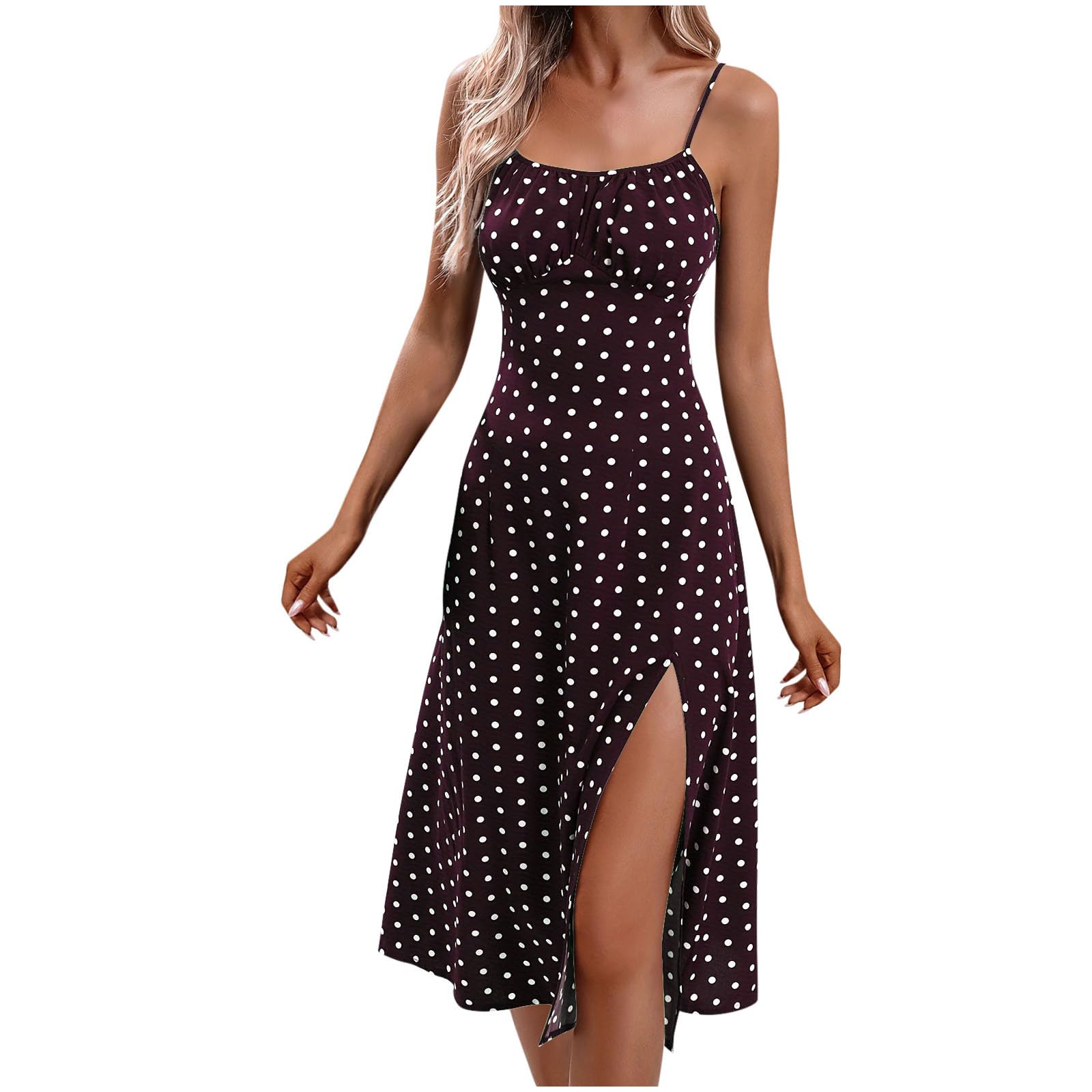 2025 Women's Summer Dresses - Casual Spaghetti Strap Sundress with Polka Dot Print, Slim Fit & Knee-Length Boho Style with Side Slit | Perfect for Beach Vacations, Date Nights & Summer Parties