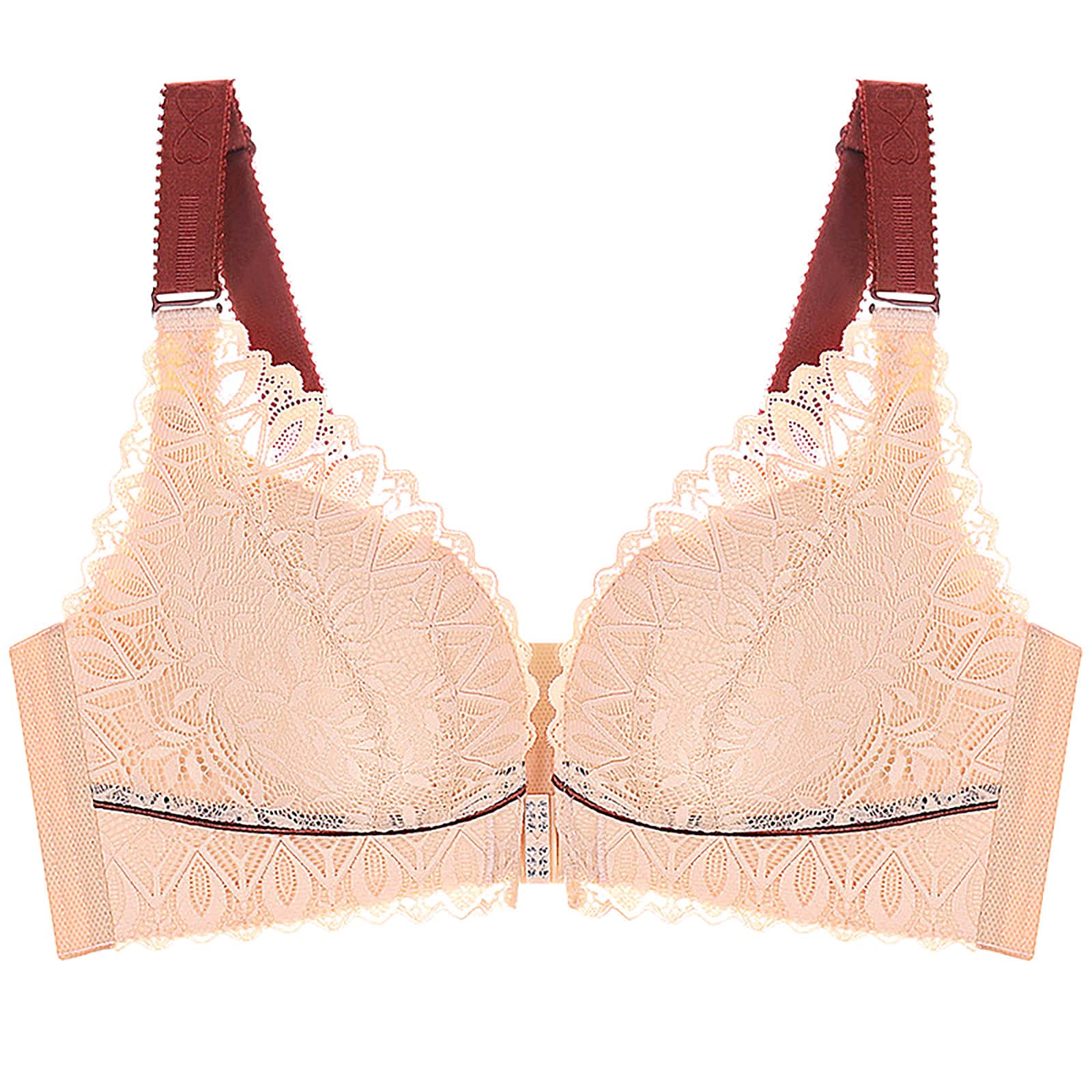 Front Closure Push Up Bras for Women - Lace Bralette with Extra Elastic Support, Posture Lift & Wire Free Comfort in Beige | Perfect for Everyday Wear, Workouts & Special Occasions