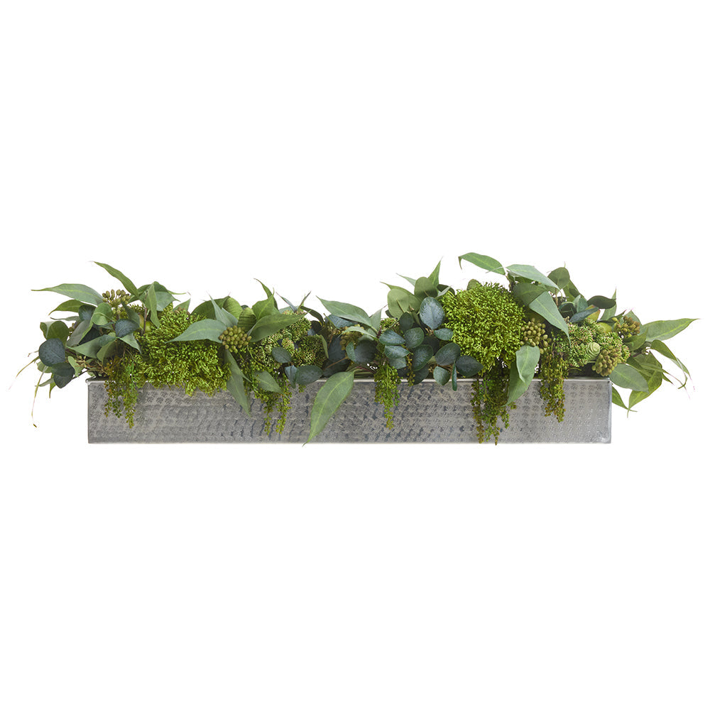 11Hx45W Eucalyptus Leaf & Sedum Artificial Flower Arrangement with Long Metal Planter in 2-Tone Green - Perfect for Home Decor, Office, and Wedding Centerpieces