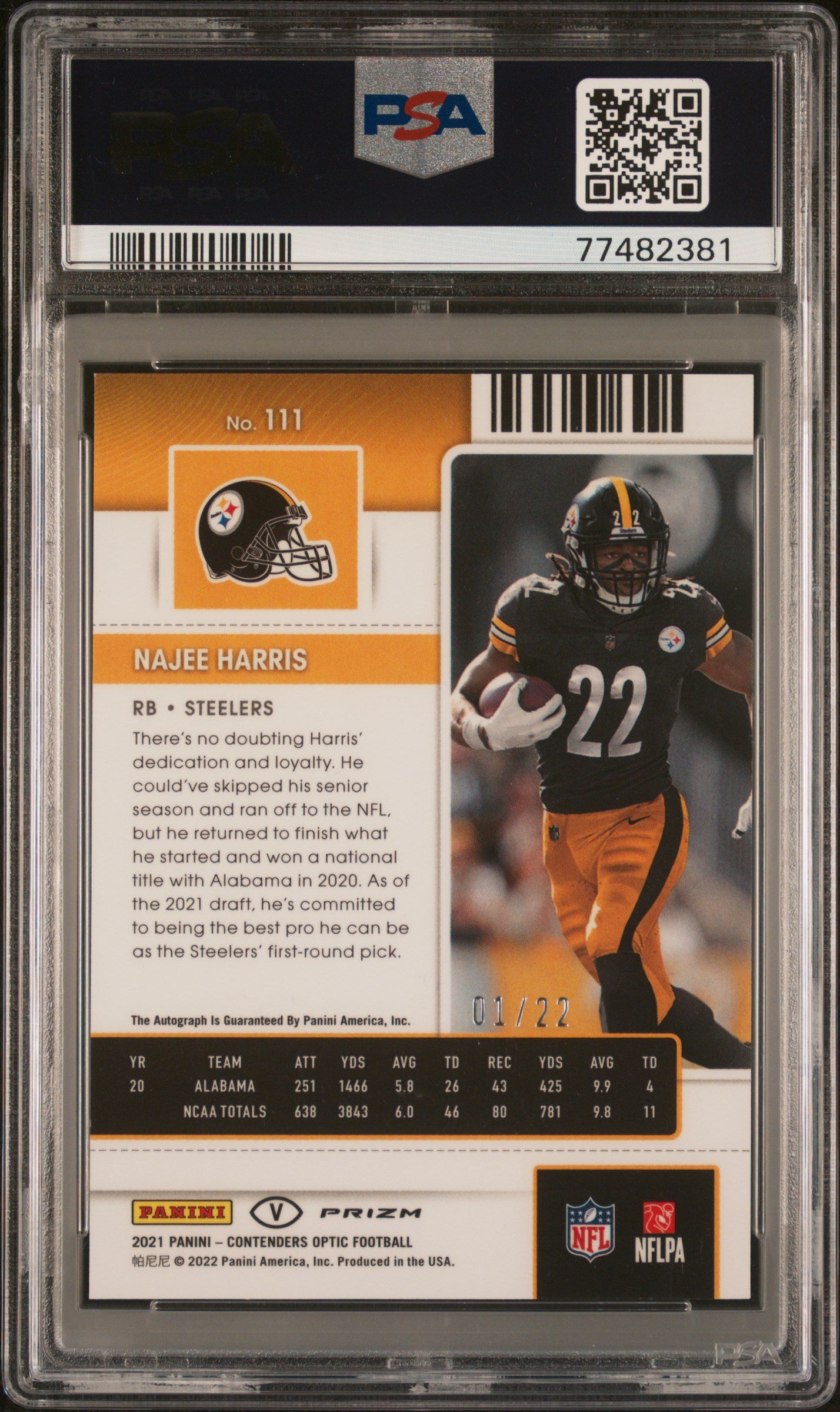 2021 Contenders Optic Najee Harris 01/22 Variation Auto Cracked Ice #111 PSA 10 Gem Mint - Football Trading Card for Collectors & Investors, Perfect for Display Cases or Sports Memorabilia Collections