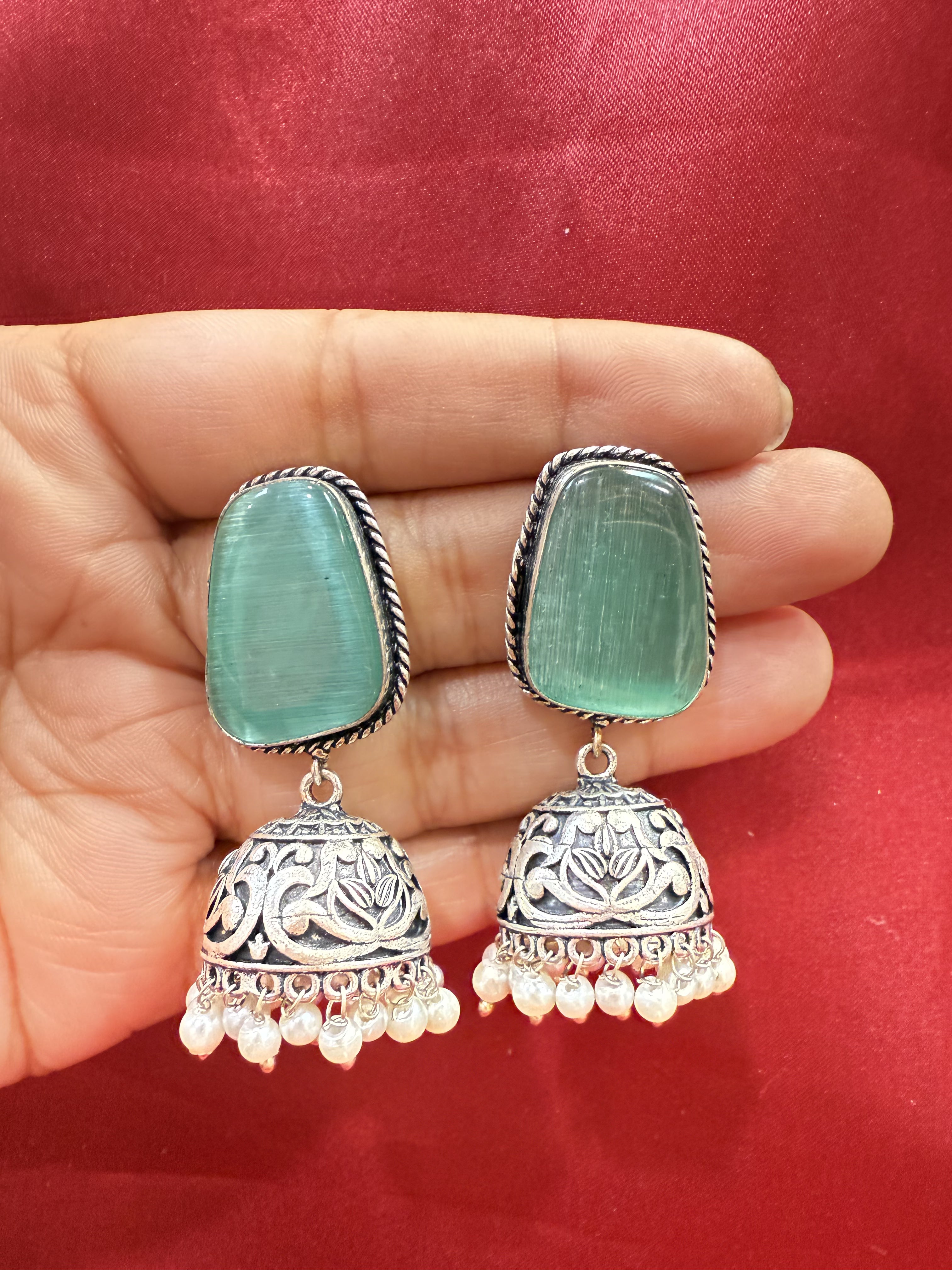 Oxidized Sky Blue Stone Jhumka Earrings with White Bead Hangings - Traditional Indian Jewelry for Weddings, Parties & Festive Occasions