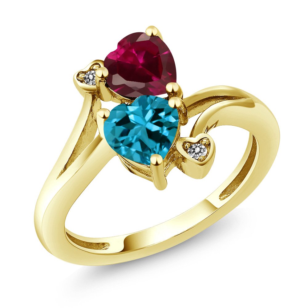 1.95 Ct Heart-Shaped London Blue Topaz & Red Created Ruby 10K Yellow Gold Diamond Accent Ring for Women – Elegant Valentine’s Day Gift, Anniversary Jewelry, or Special Occasion Present