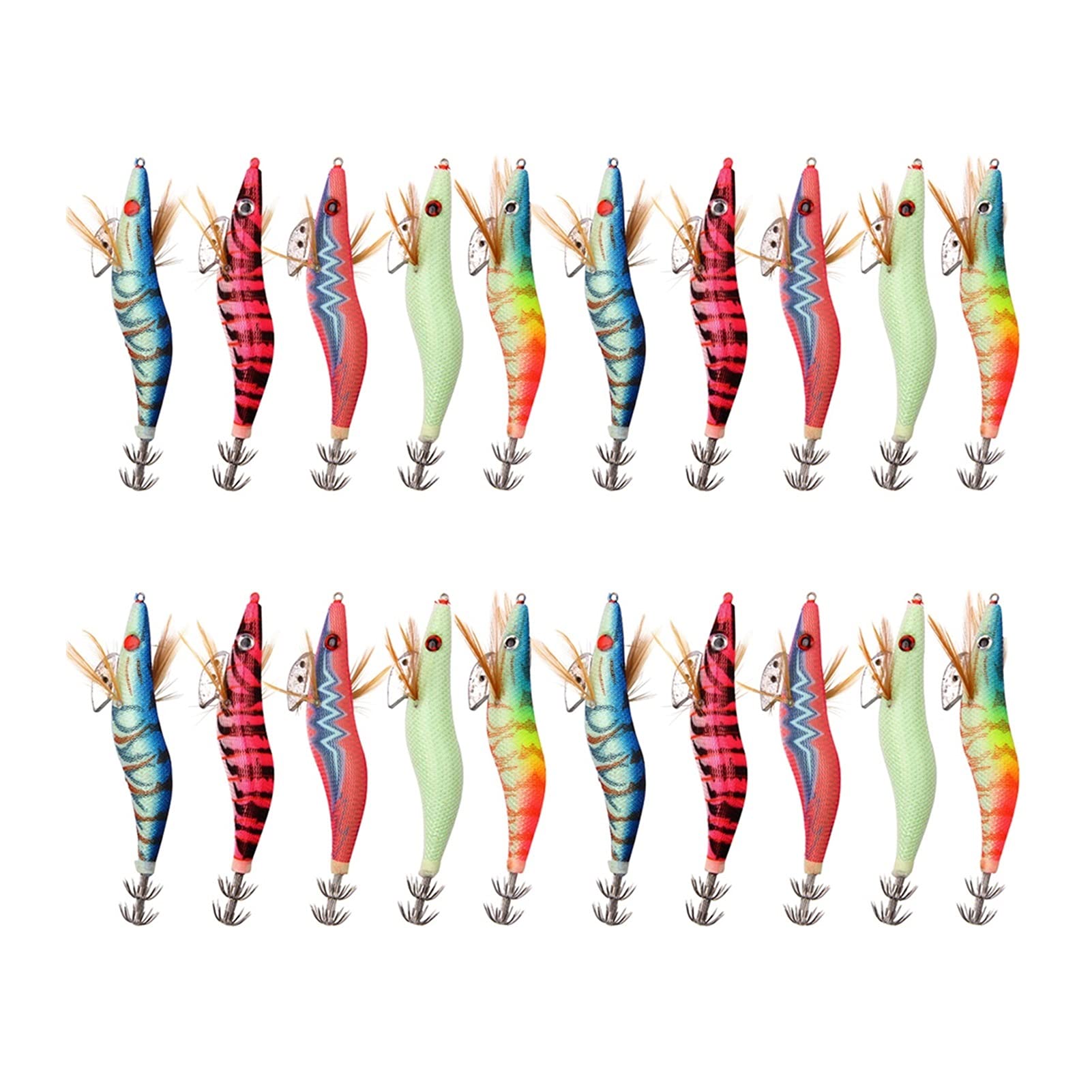 20Pcs Hard Baits Sinking Fishing Lures - Wooden Shrimp, Octopus & Cuttlefish Lures with Squid Jig Hooks for Bass, Trout, Salmon (3.5