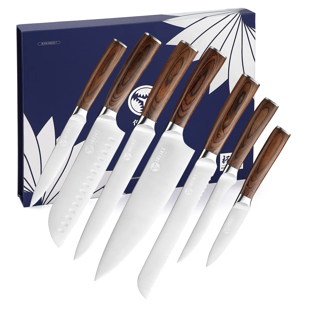 IBEIKE 7-Piece Japanese Kitchen Knife Set - Professional High Carbon Stainless Steel Chef Knives with Ergonomic Wood Handle - Perfect for Home Cooking, Restaurant Use & Gift Giving