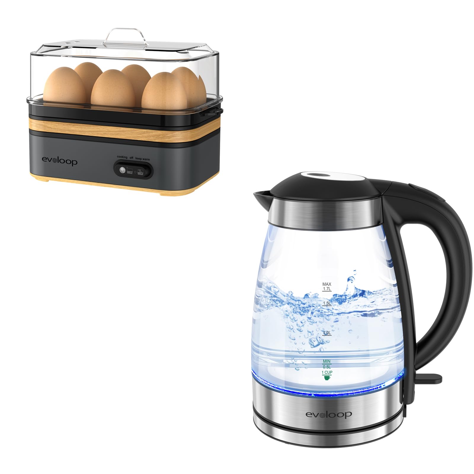 Evoloop Rapid Electric Egg Cooker for 6 Eggs with 1.7L Electric Tea Kettle - Fast Boiling Water & Perfect Hard/Soft Boiled Eggs - Ideal for Breakfast, Kitchen, Dorm & Office Use