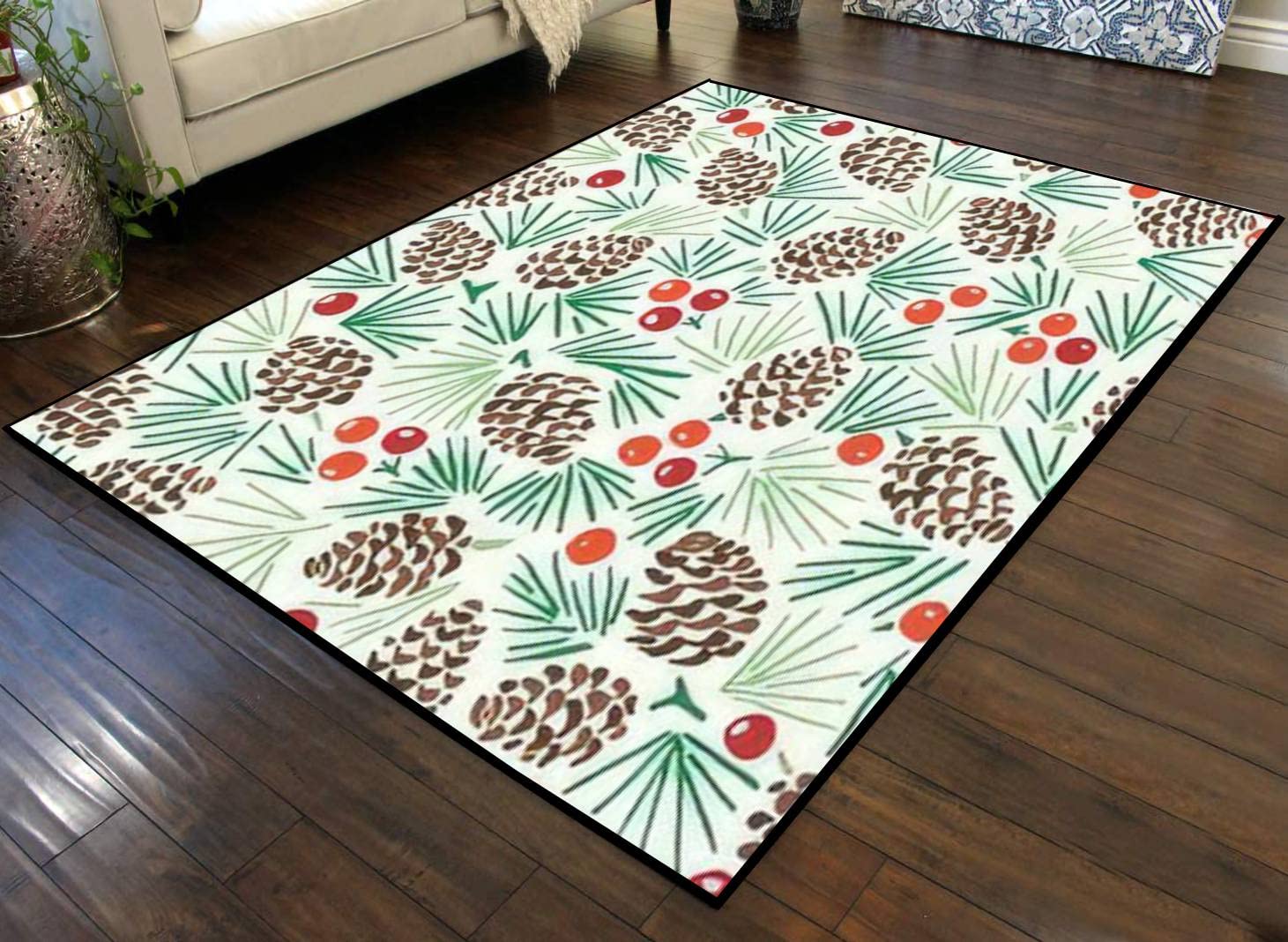 Large Abstract Christmas Runner Rug - Hand Drawn Pin Cone Red Berries Fir Tree Design - Non-Slip Indoor/Outdoor Floor Mat for Living Room, Nursery, Patio & Entryway