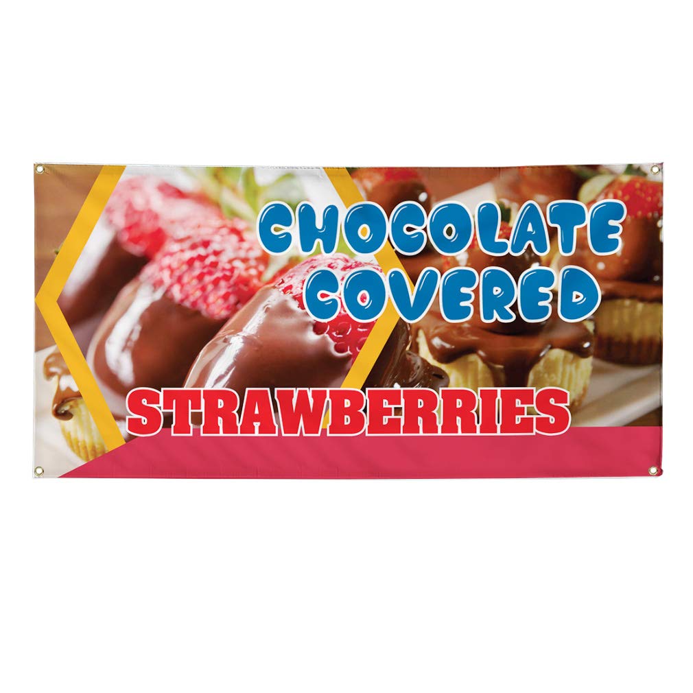 Vinyl Banner - Chocolate Covered Strawberries Dessert Sign - Weatherproof Outdoor Yard Sign with 10 Grommets (60x144 Inches) - Perfect for Birthday Parties, Wedding Decorations & Business Advertising