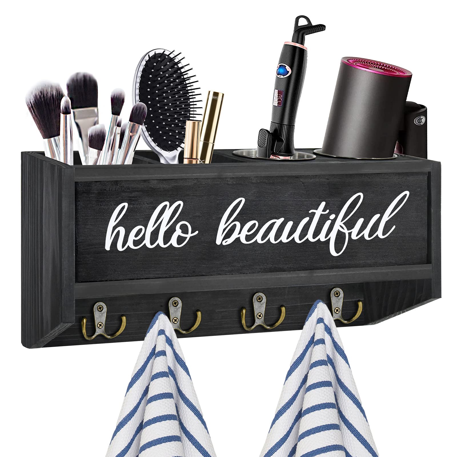 Rustic Hair Dryer Holder Wall Mounted - Bathroom Styling Tool Organizer for Blow Dryer, Flat Iron, Curling Wand & Brushes | Vanity Storage Caddy for Hair Accessories - Perfect for Small Bathrooms & Salon Stations