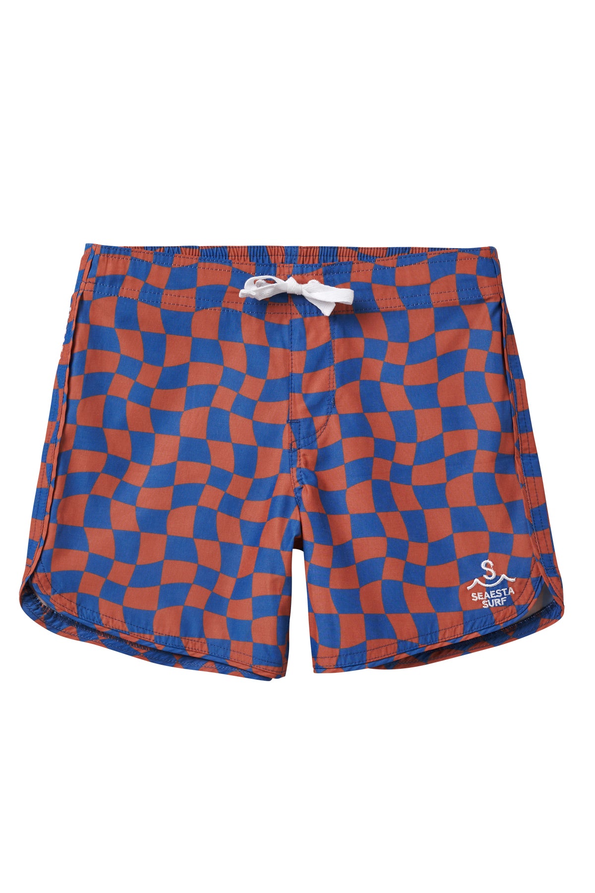 Seaesta Scallop Retro Flare Boardshorts - Wavy Checkered Swim Trunks for Men in Navy Blue | Beachwear, Surfing, Poolside Relaxation