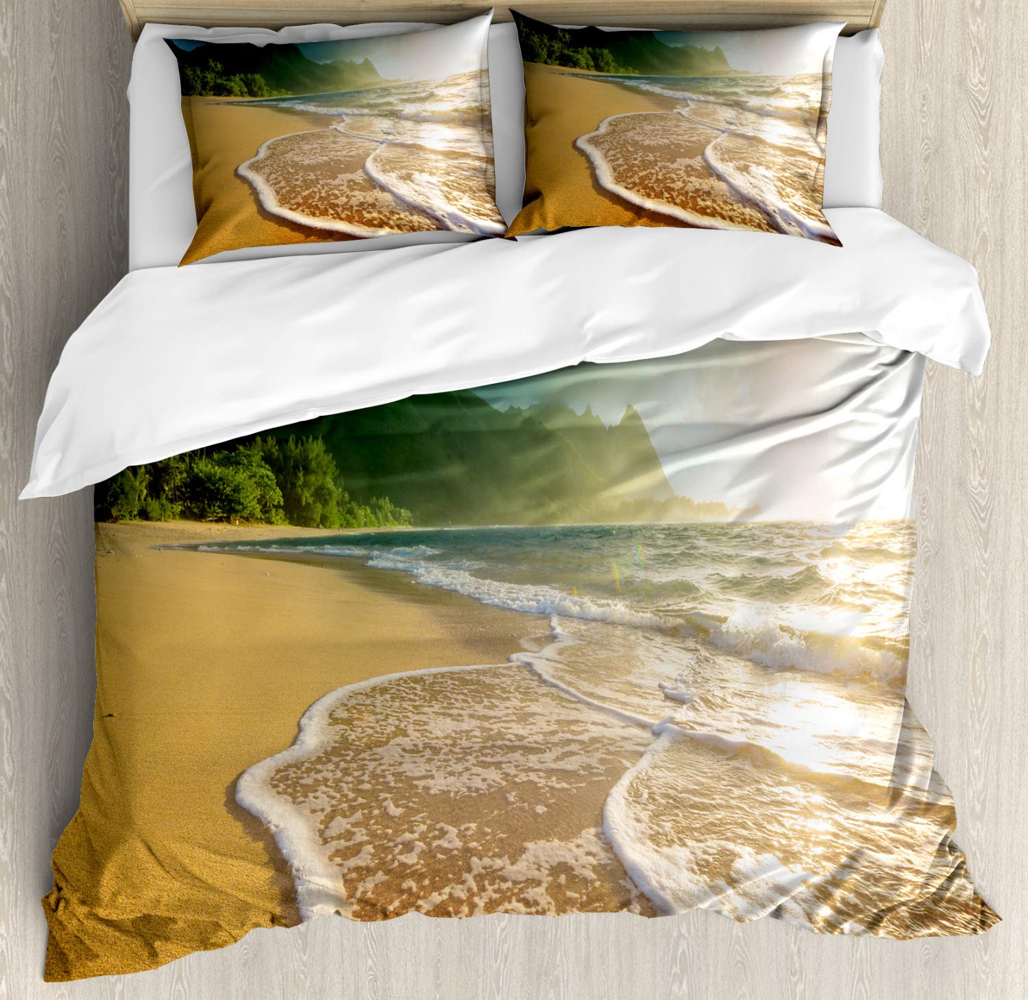 Lunarable Summer Duvet Cover Set - Hawaiian Paradise Beach Theme, 3-Piece Queen Size Bedding with 2 Pillow Shams (Jade Green & Sand Brown) | Tropical Island Decor for Bedroom, Vacation Home & Guest Room