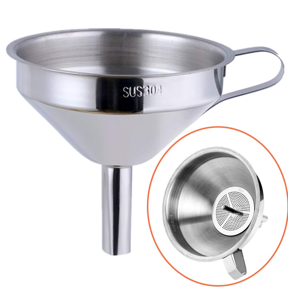 QIBORUN 5-Inch Stainless Steel Kitchen Funnel with Removable Strainer - Cooking Oil Filter Funnel for Transferring Liquids, Dry Ingredients & Powder - Perfect for Baking, Canning, Auto Oil Change & Home Brewing