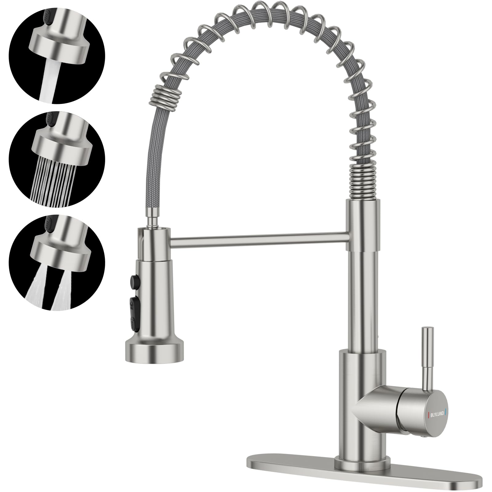 BLYLUND Commercial Stainless Steel Kitchen Faucet with Pull Down Sprayer, Spring Design, Triple Function Sprayer, Brushed Nickel Modern Sink Tap for Home & Restaurant Use
