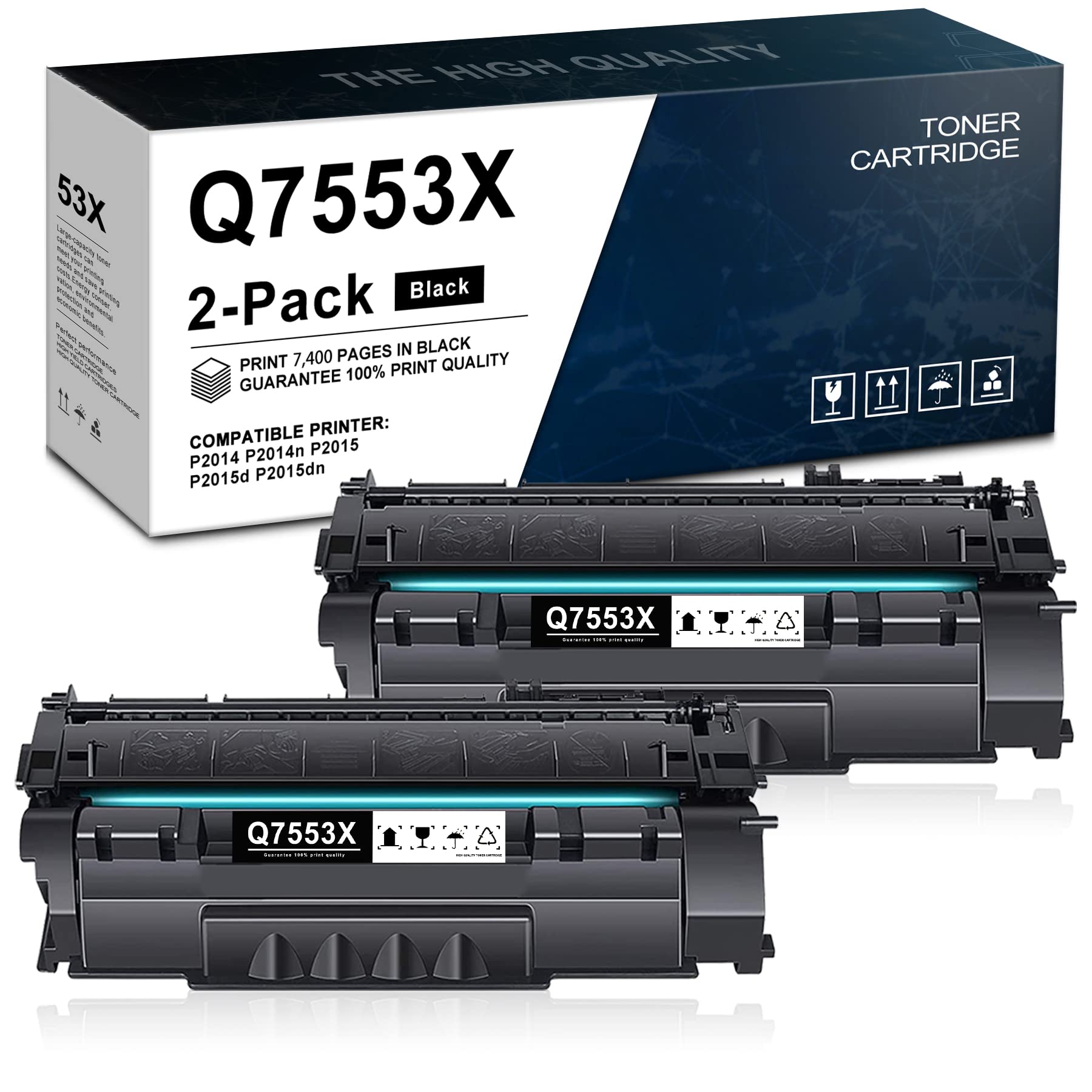 2 Pack Black Toner Cartridges Replacement for HP 53X - Compatible with Q7553X, P2014, P2014n, P2015, P2015d, P2015dn, P2015x Printers - High Yield Printing for Office & Home Use - Sold by POTONER