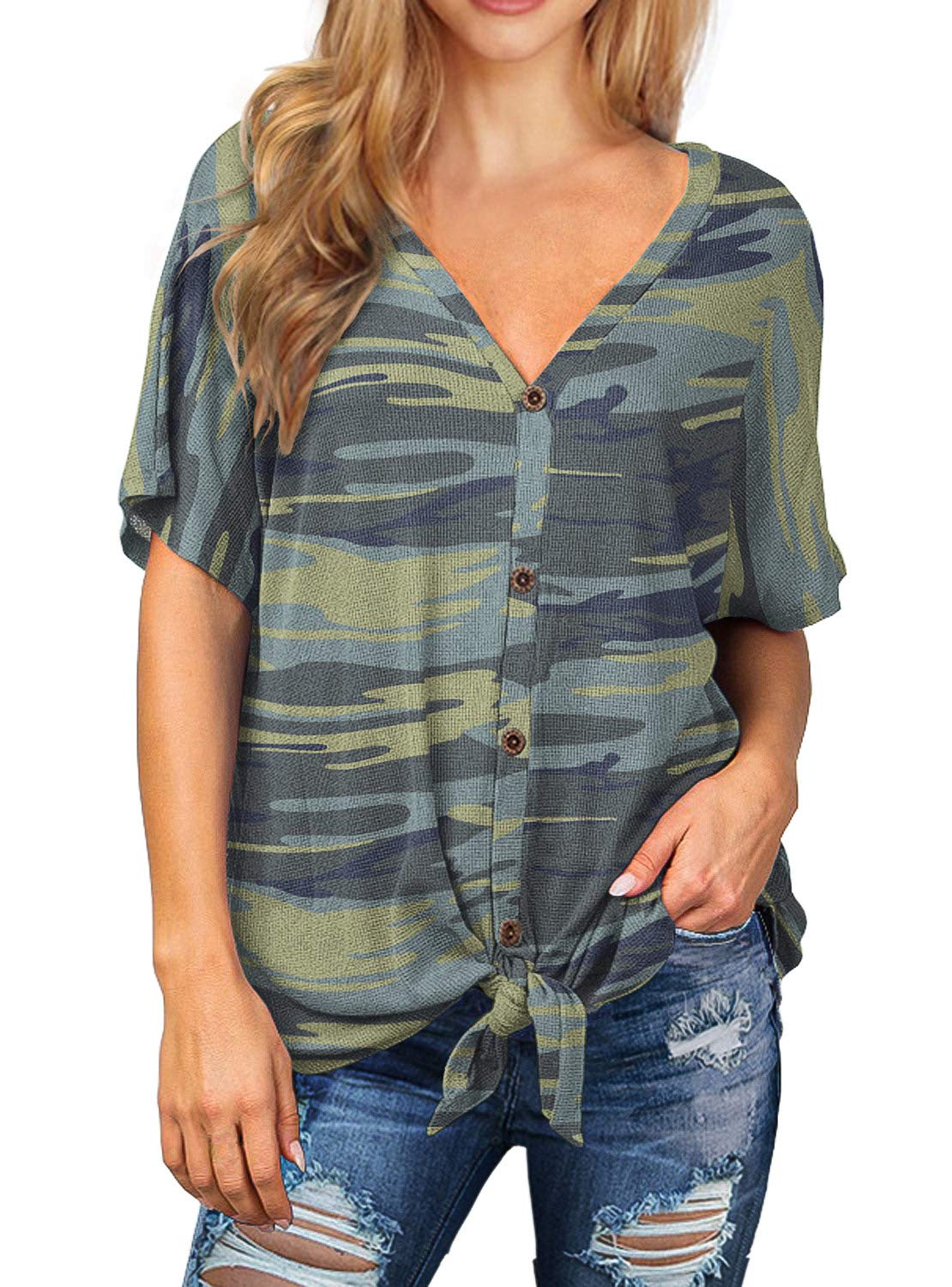 IWOLLENCE Women's Waffle Knit Tunic Blouse - Tie Knot Short Sleeve Henley Top, Loose Fit Batwing Shirt for Casual Wear, Office & Date Night Outfits
