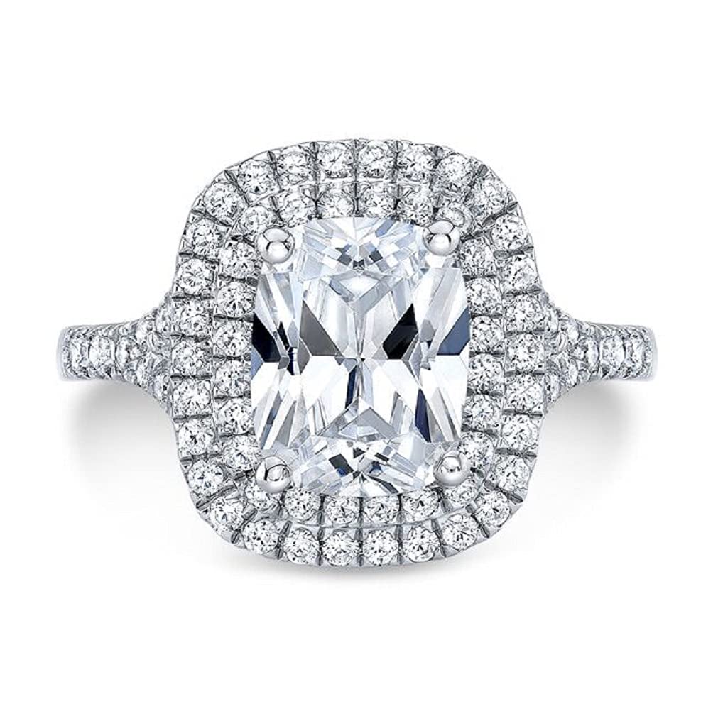 Art Deco 3.35TCW Elongated Cushion Cut Diamond Engagement Ring - Half Set Pave Shank Dual Halo Wedding Band for Women - Perfect Bridal, Anniversary, Promise & Birthday Gift - Ideal for Proposals, Weddings & Special Occasions