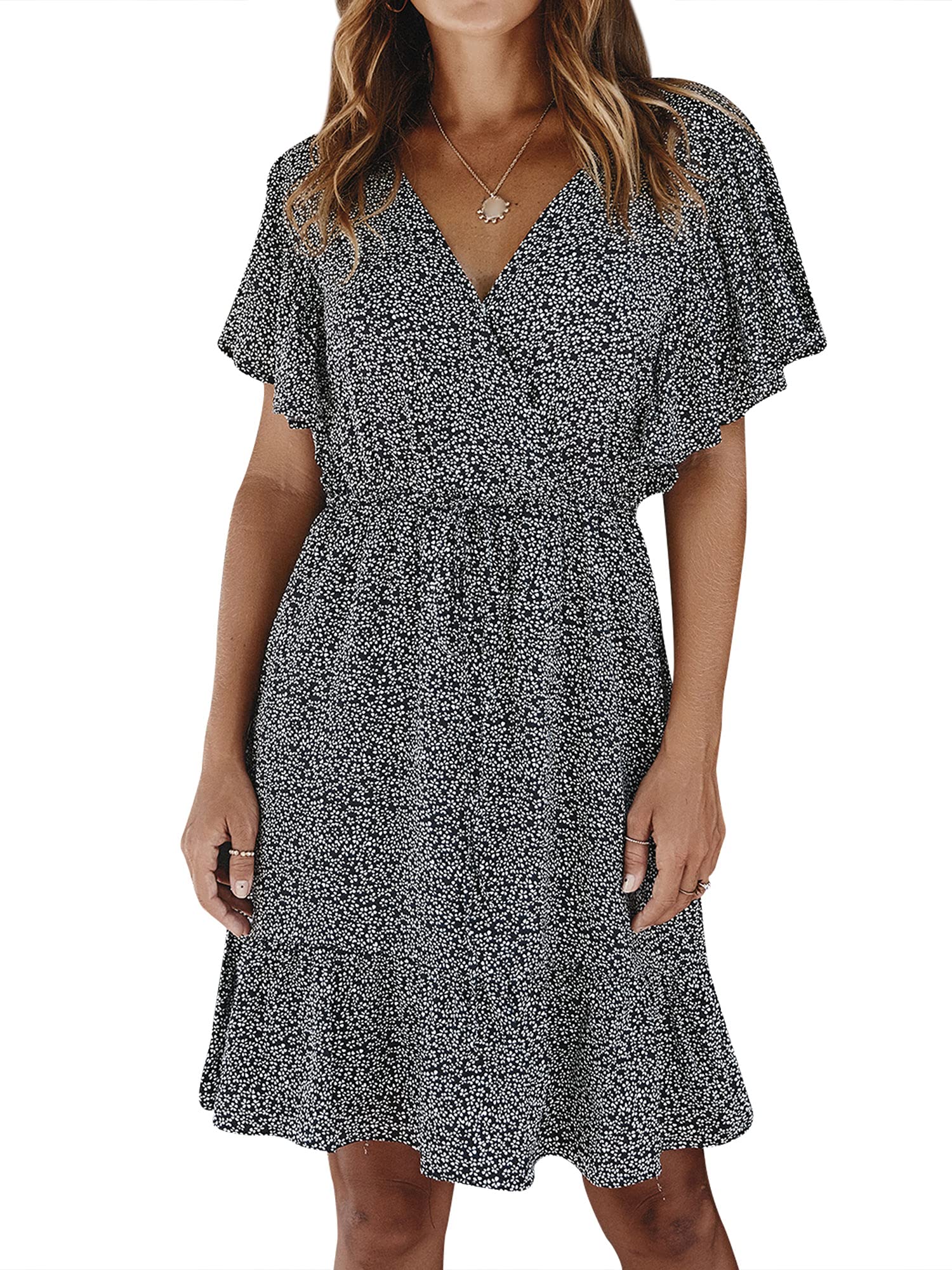 Ezcosplay Women's Summer Short Sleeve Flowy Dress - Ruffled High Waist A-Line Midi Dress for Beach, Vacation & Casual Wear | Lightweight & Comfortable