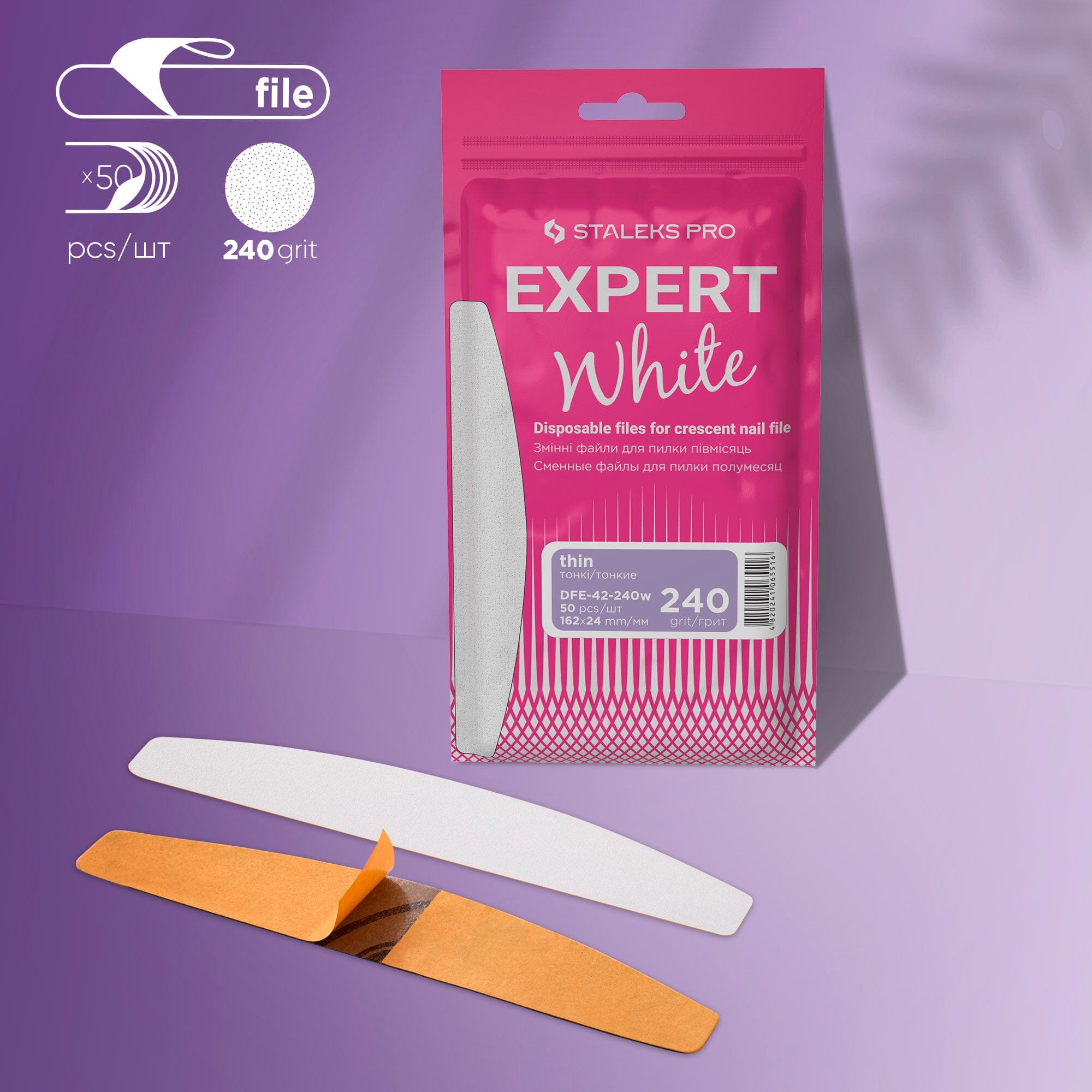 Staleks Disposable Thin White Nail Files - 240 Grit Crescent Shape Professional Manicure Tools (50 Pack) | Perfect for Salon, Home Nail Care & Travel Kit