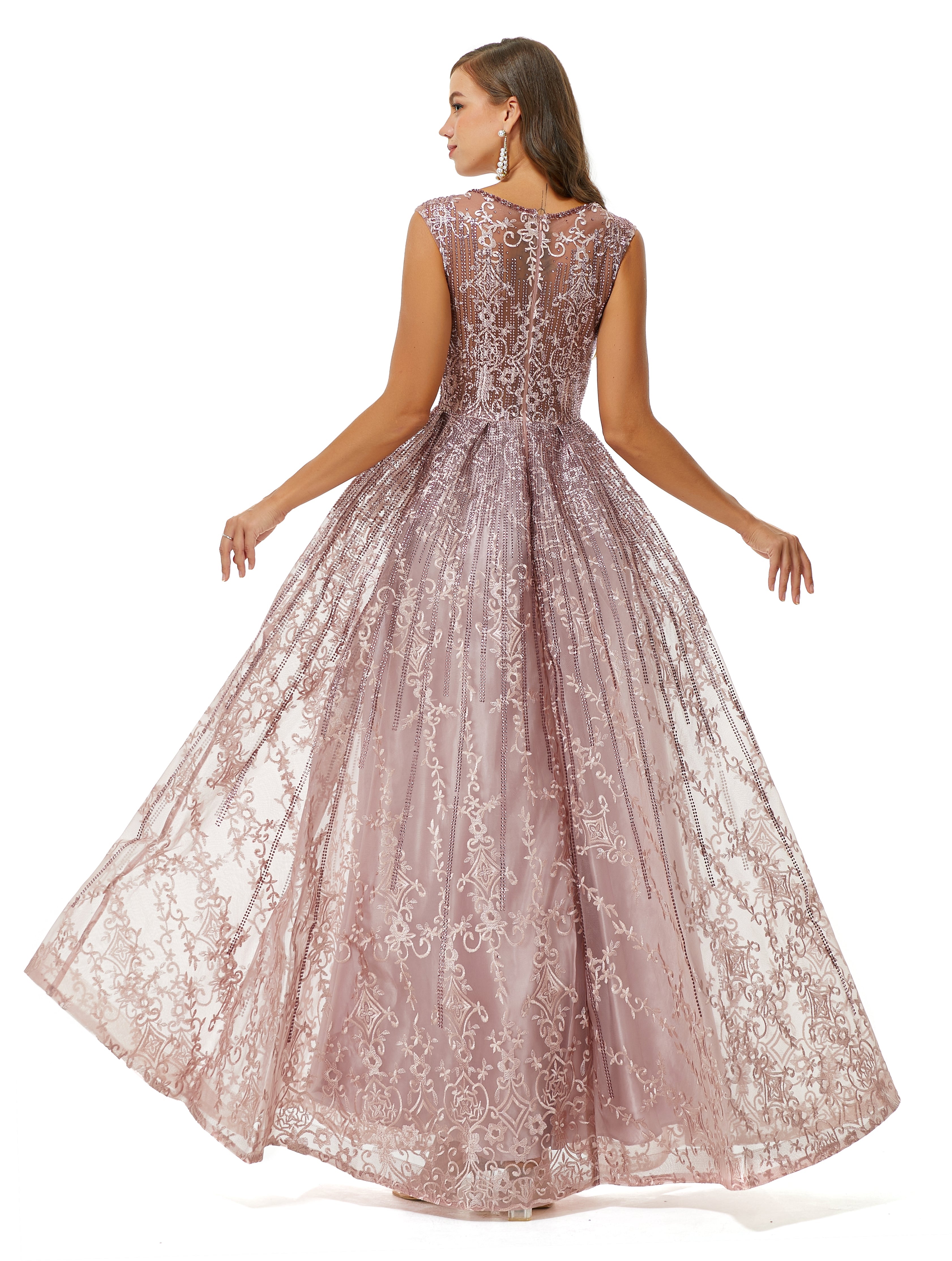 Elegant A-Line Beaded Jewel Appliques Lace Floor-Length Cap Sleeve Prom Dress for Homecoming, Wedding & Special Occasions
