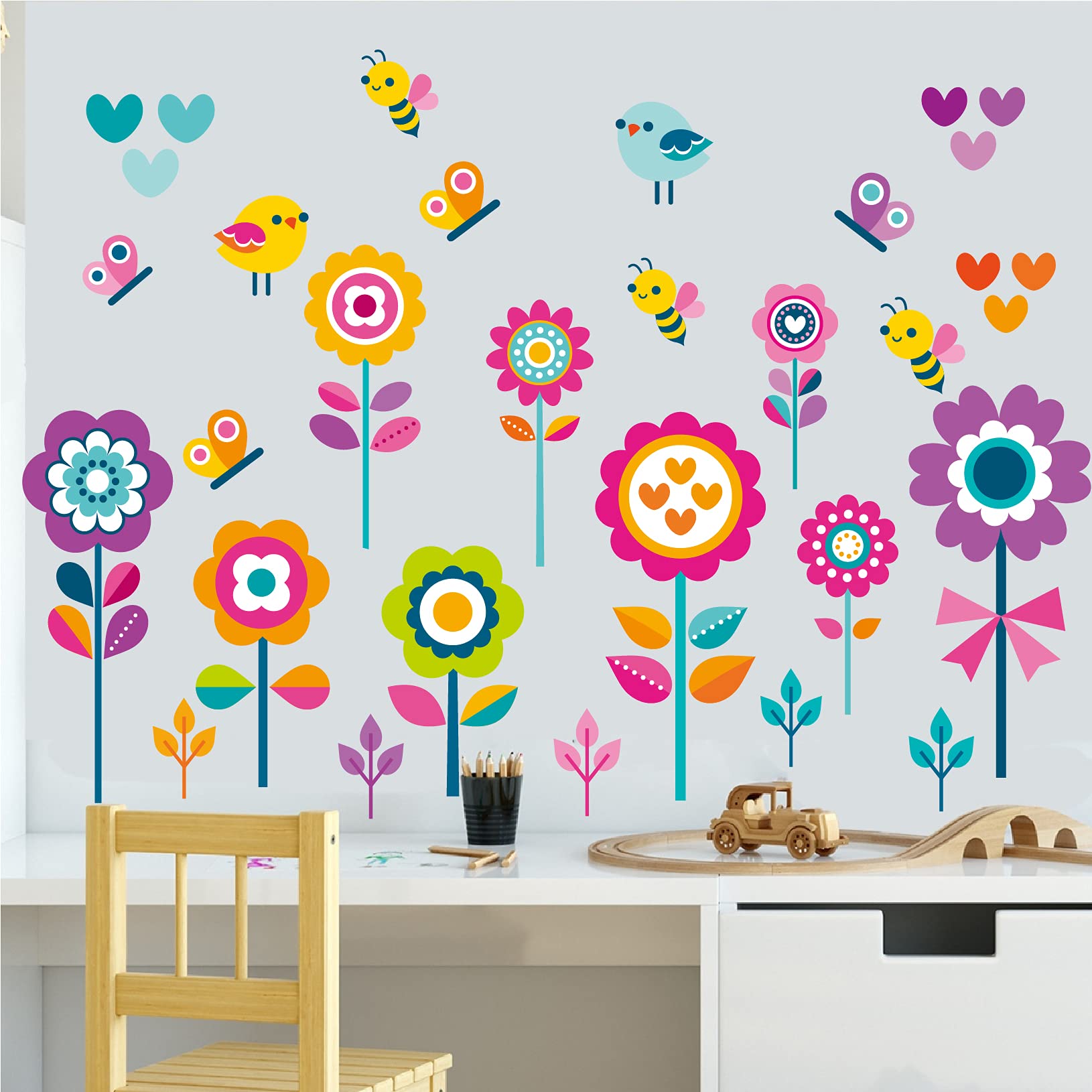 Butterfly Bee Floral Wall Decals for Kids Room - Removable Peel and Stick Wall Art for Girls Bedroom, Nursery, Playroom & Classroom - DIY Home Decor for Birthday Party, Baby Shower & Spring Theme Decorations