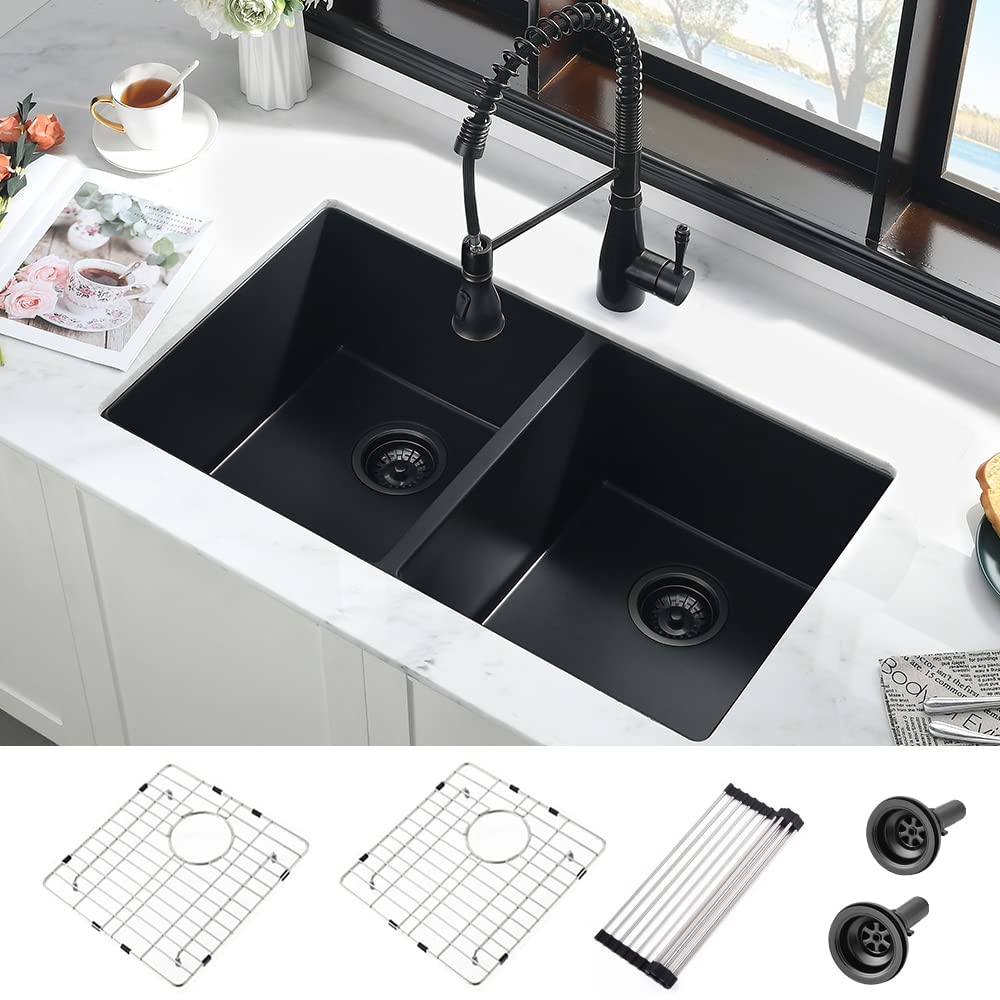32 Inch Black Undermount Kitchen Sink - iAnomla 32x18 Inch Double Bowl 50/50 Black Quartz Composite Sink for Modern Kitchens | Perfect for Meal Prep, Washing Dishes & Entertaining