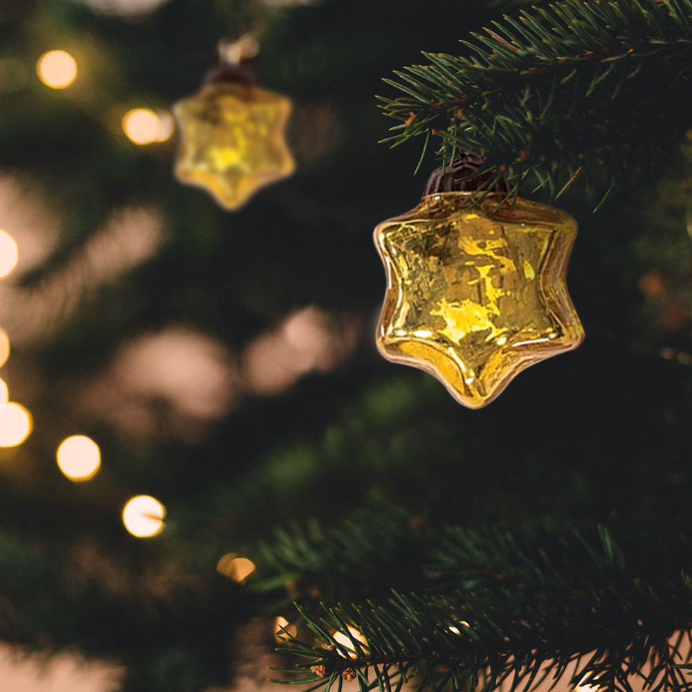 6 Pack Gold Mercury Glass Star Ornaments for Christmas Tree - Elegant Holiday Decor for Home, Party & Festive Celebrations