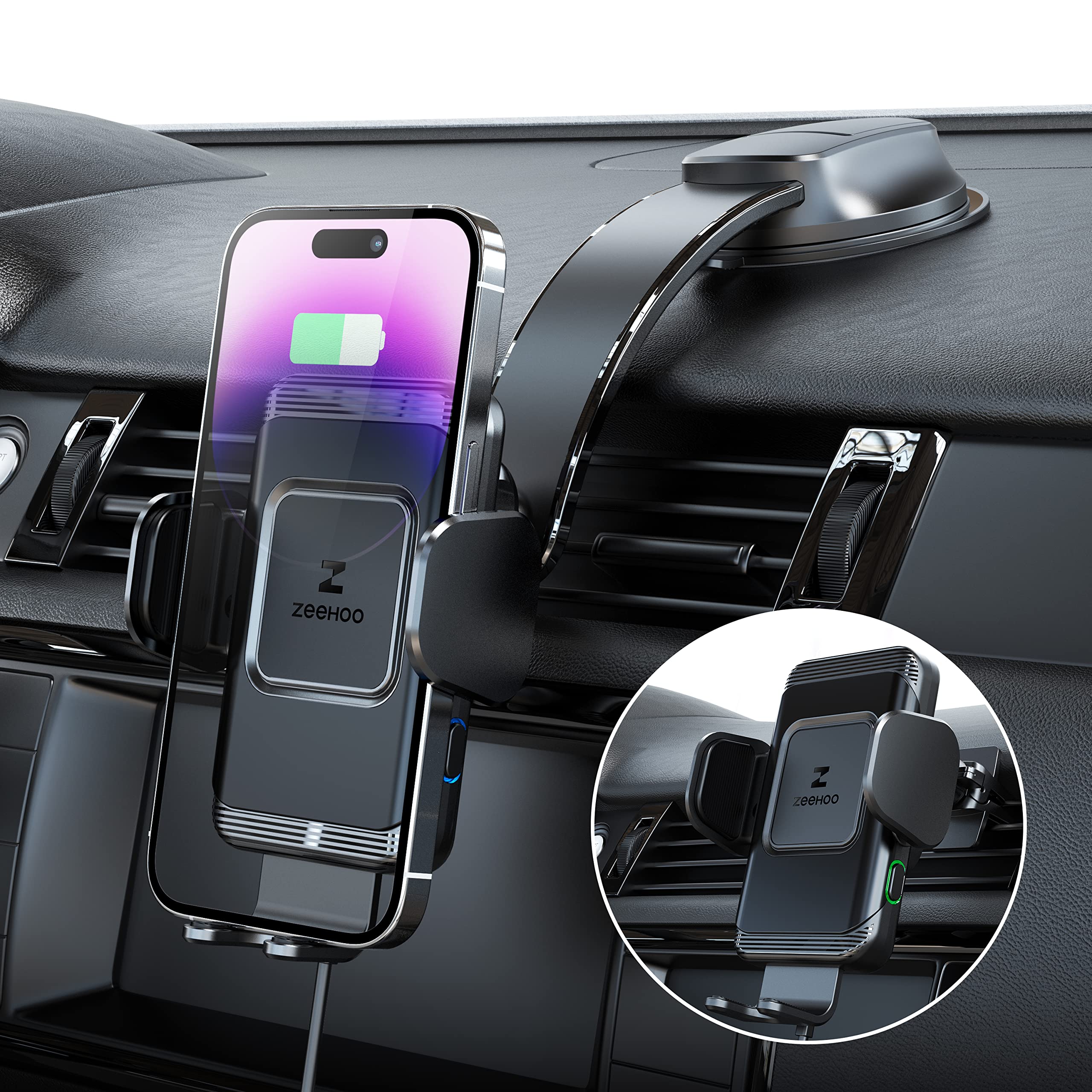 ZeeHoo 15W Fast Wireless Car Charger - Auto-Clamping Phone Mount for iPhone 14/13/12/11/XR/XS, Samsung S22/S21/S20/Note 20 - Universal Air Vent & Dashboard Phone Holder - Perfect for Commuting, Road Trips & GPS Navigation