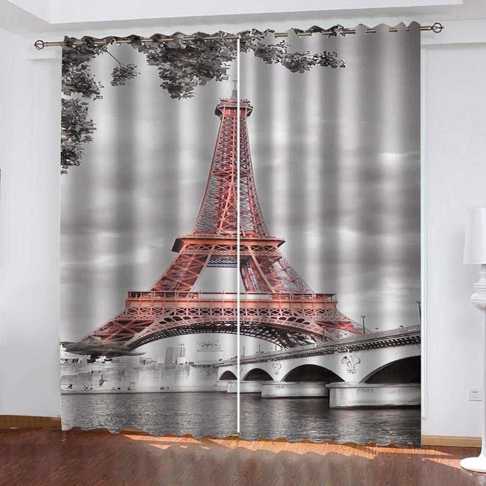Eiffel Tower View Blackout Curtains 76x54 Inches - 3D Digital Printed Perforated Window Drapes for Bedroom & Living Room | Machine Washable, Light Blocking, Thermal Insulation | Perfect for Home Decor, French Theme Rooms & Night Shift Workers