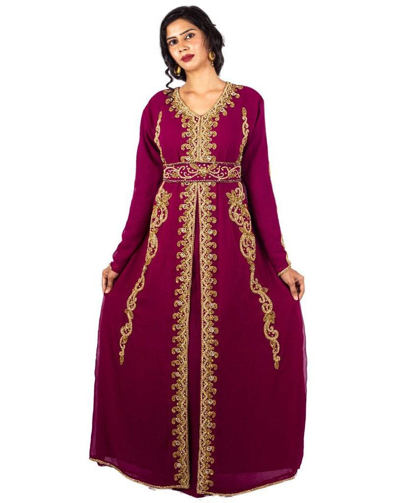 Elegant Arabic Jacket Style Kaftan Dress for Women - Wine Red Party Wear for Weddings, Festivals & Special Occasions
