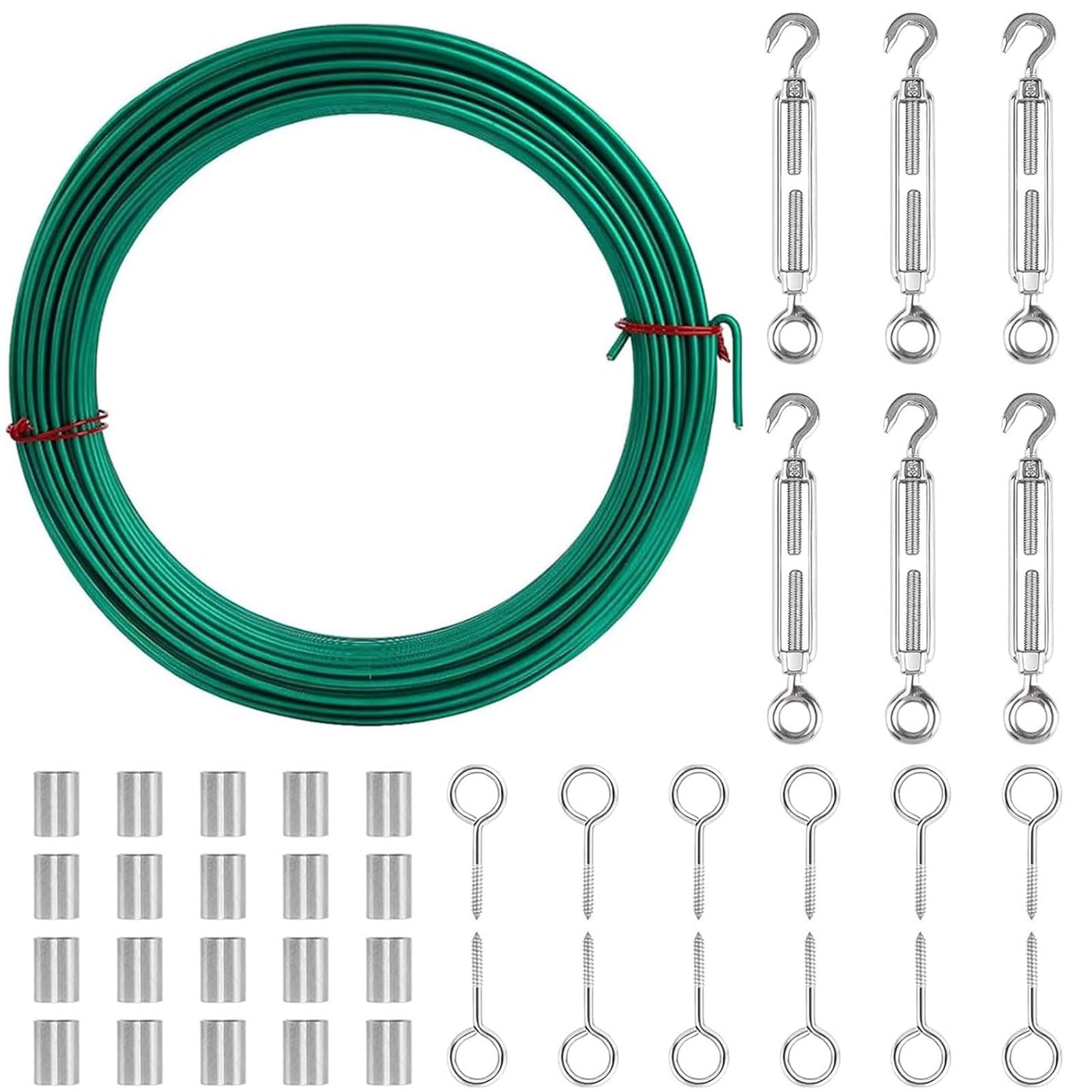 100 FT Green PVC Coated Galvanized Turnbuckle Cable Rope Kit with M5 Turnbuckles - Outdoor Clothesline, Garden String Light & Climbing Plant Support - Perfect for Backyard, Patio, and Outdoor Tensioning Needs