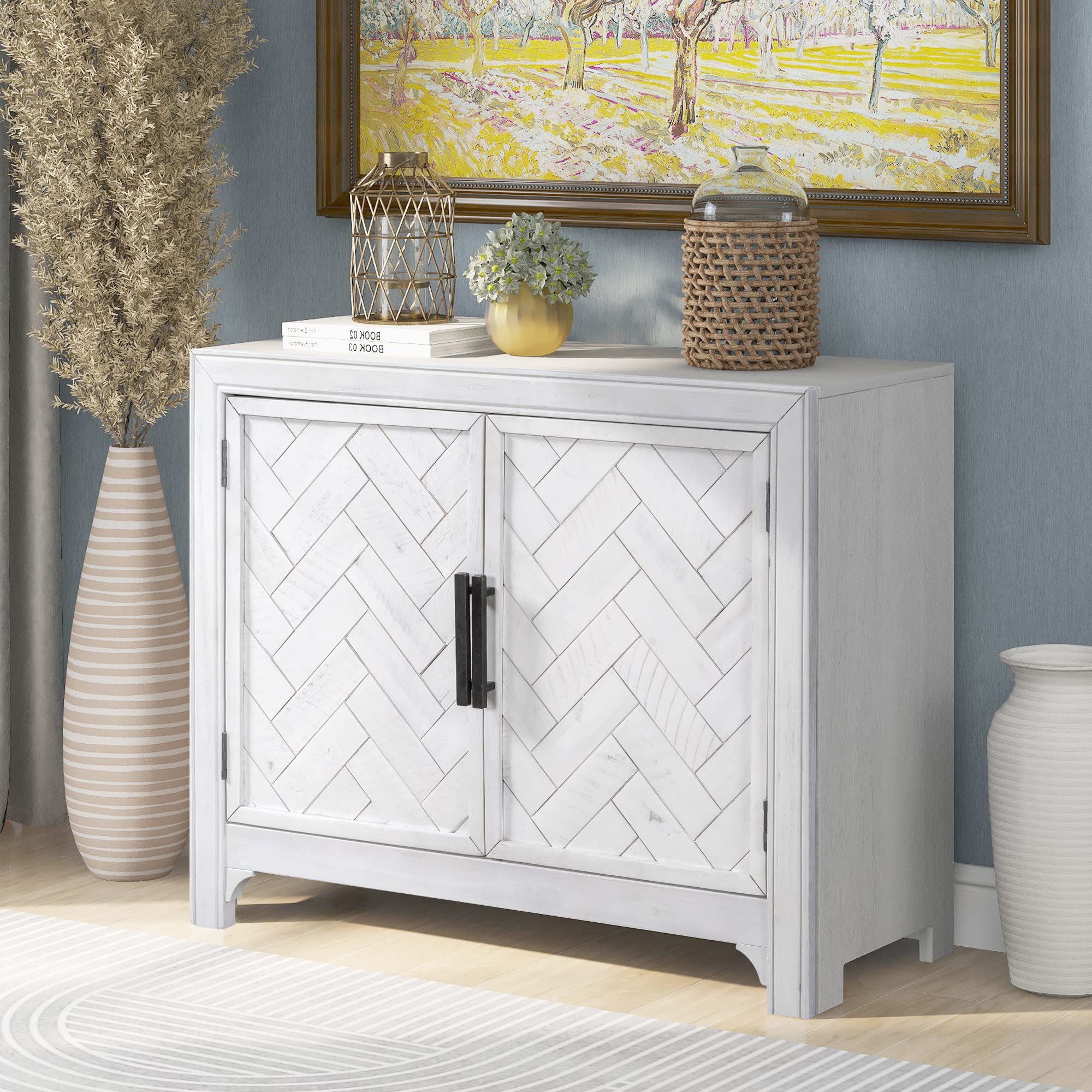 JSKJ Modern Console Sofa Table Sideboard with Cabinet - Distressed Wood Accent Storage Cabinet in Antique White for Entryway, Living Room & Hallway Decor