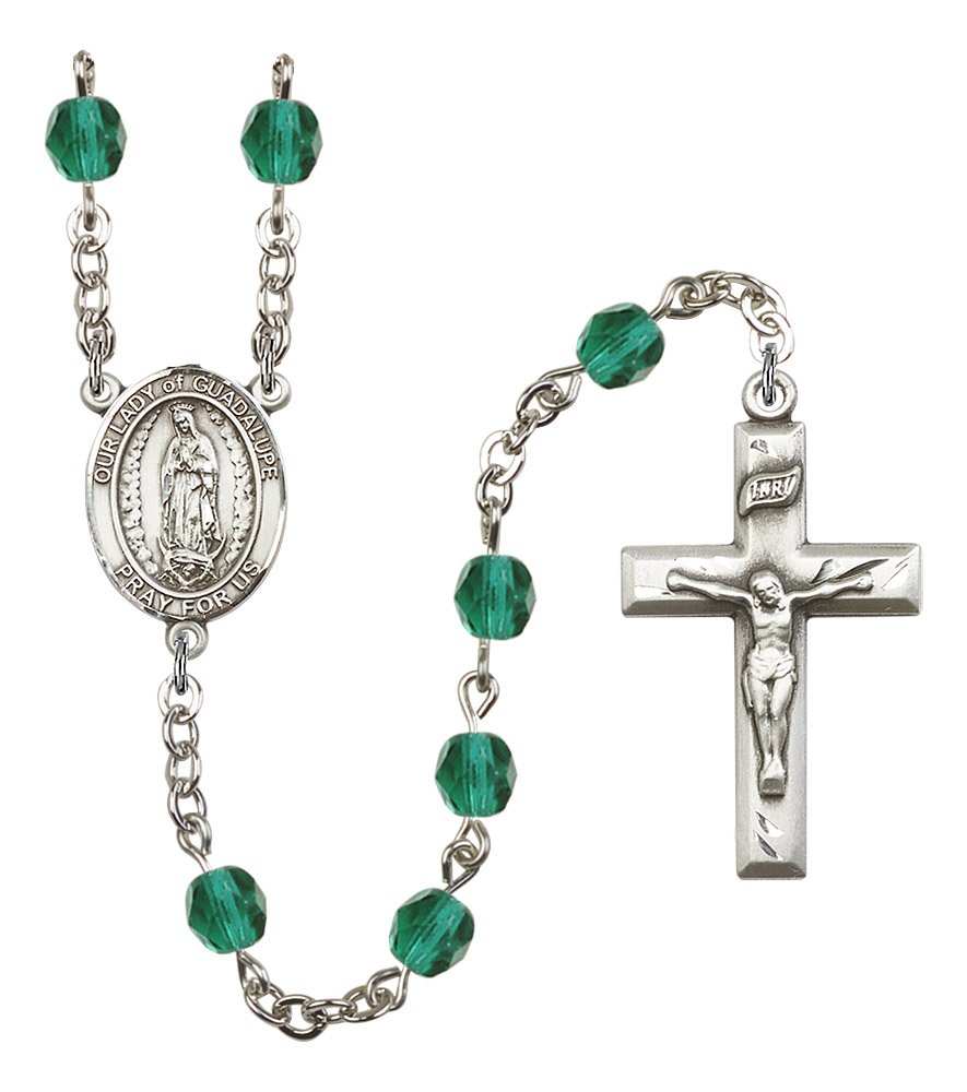 Silver Plated Rosary with 6mm Zircon Fire Polished Beads - 1 3/8 x 3/4 Crucifix & Our Lady of Guadalupe Medal Centerpiece | Perfect for Prayer, Gifts, and Religious Devotion
