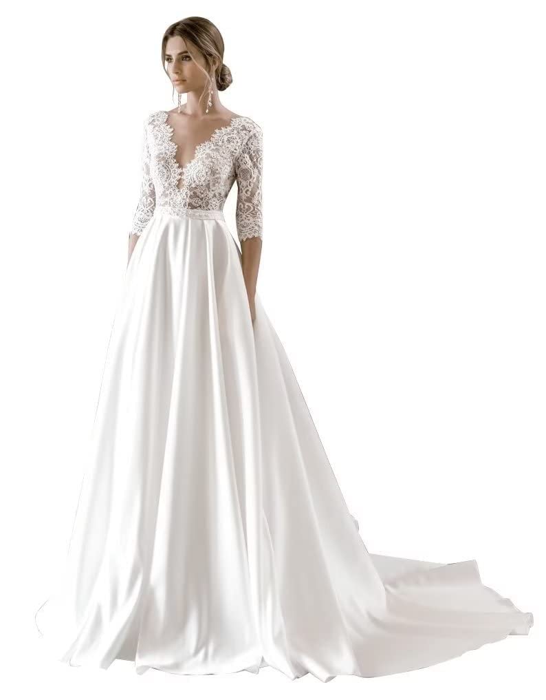2024 Elegant Long Sleeve Lace Wedding Dress for Women - Romantic Bridal Gown for Church Ceremony & Outdoor Photoshoots